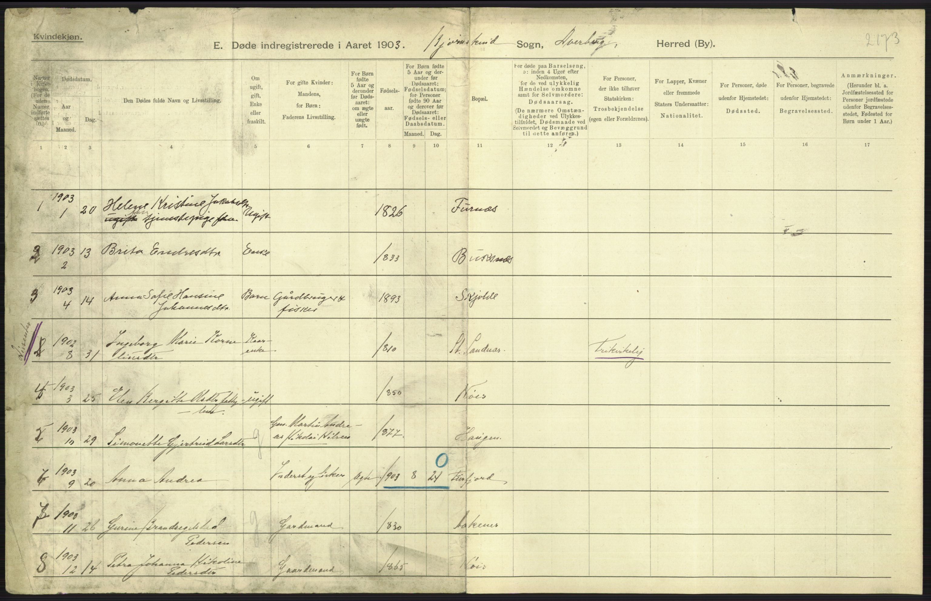 Statistisk sentralbyrå, Sosiodemografiske emner, Befolkning, AV/RA-S-2228/D/Df/Dfa/Dfaa/L0019: Nordlands amt: Fødte, gifte, døde., 1903, p. 245