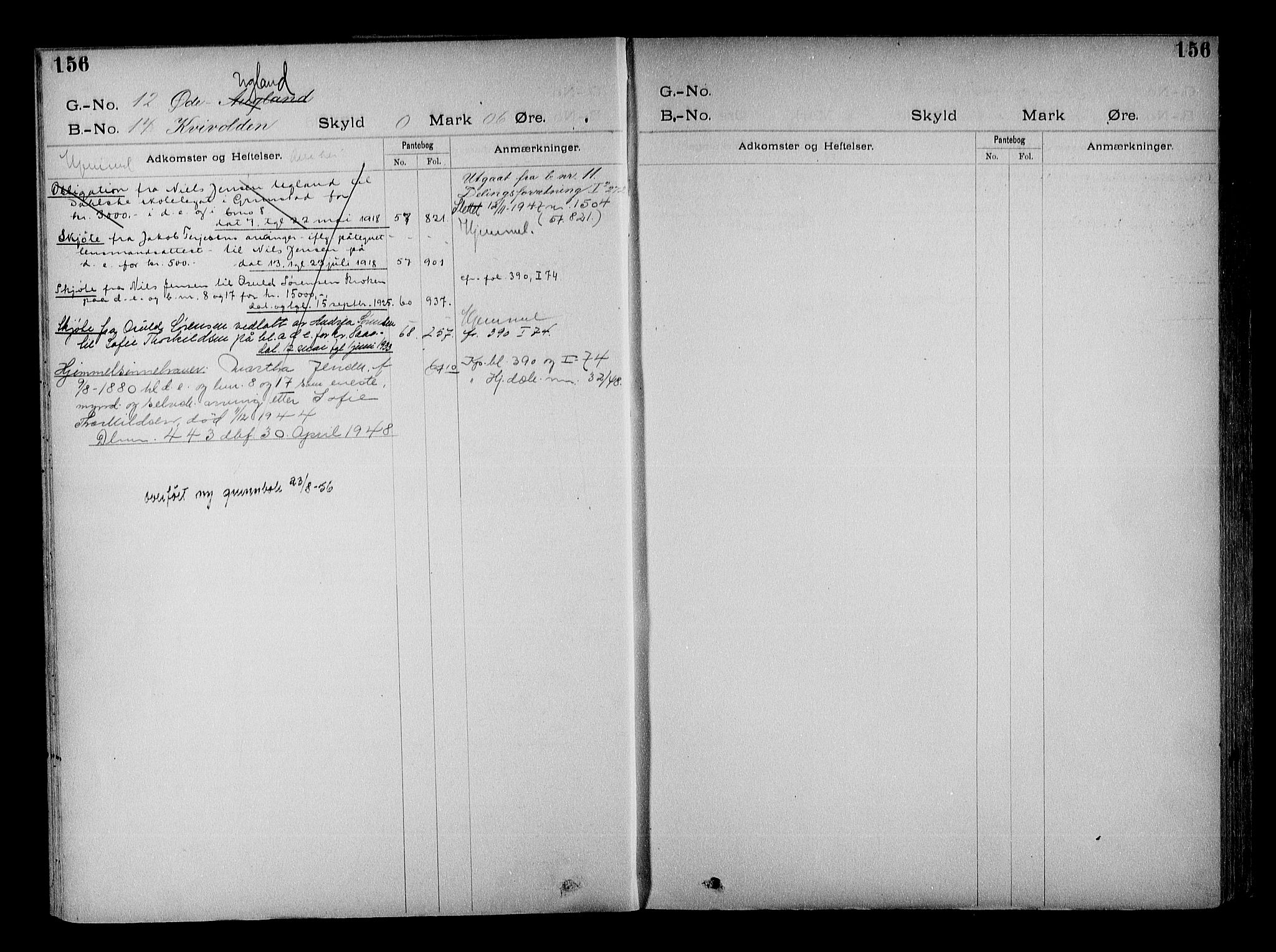 Vestre Nedenes/Sand sorenskriveri, SAK/1221-0010/G/Ga/L0022: Mortgage register no. 15, 1899-1957, p. 156