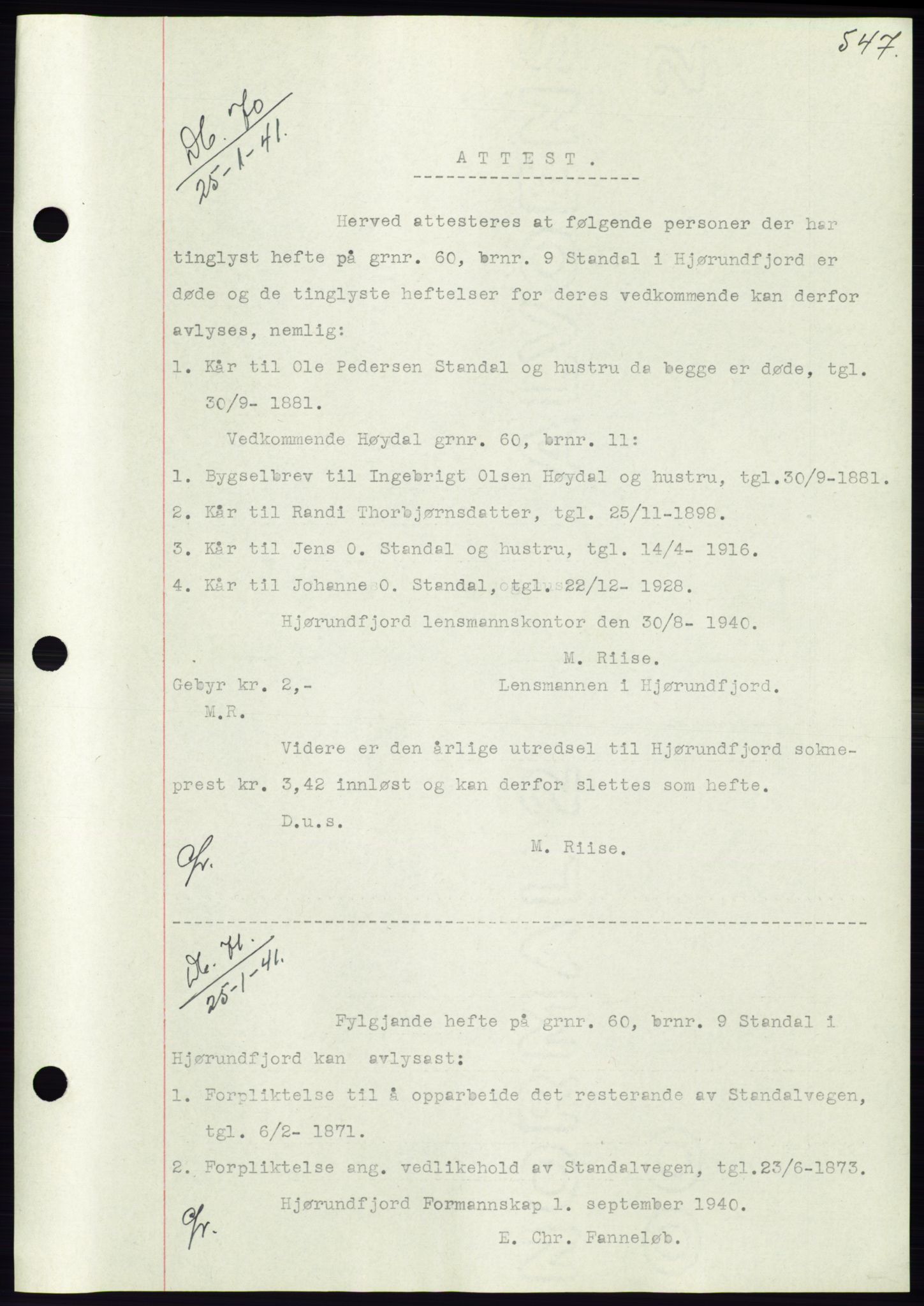 Søre Sunnmøre sorenskriveri, AV/SAT-A-4122/1/2/2C/L0070: Mortgage book no. 64, 1940-1941, Diary no: : 70/1941
