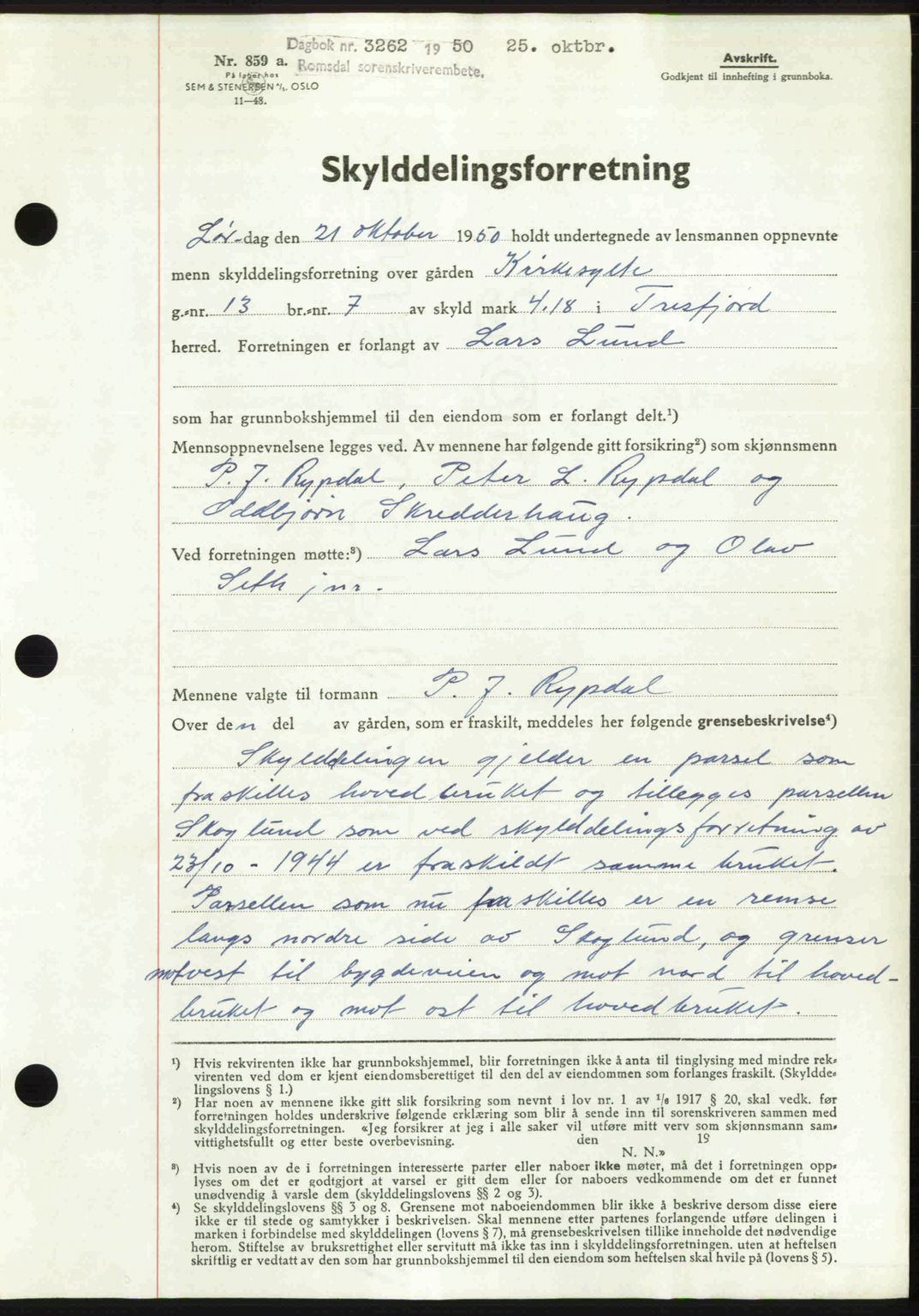 Romsdal sorenskriveri, AV/SAT-A-4149/1/2/2C: Mortgage book no. A34, 1950-1950, Diary no: : 3262/1950