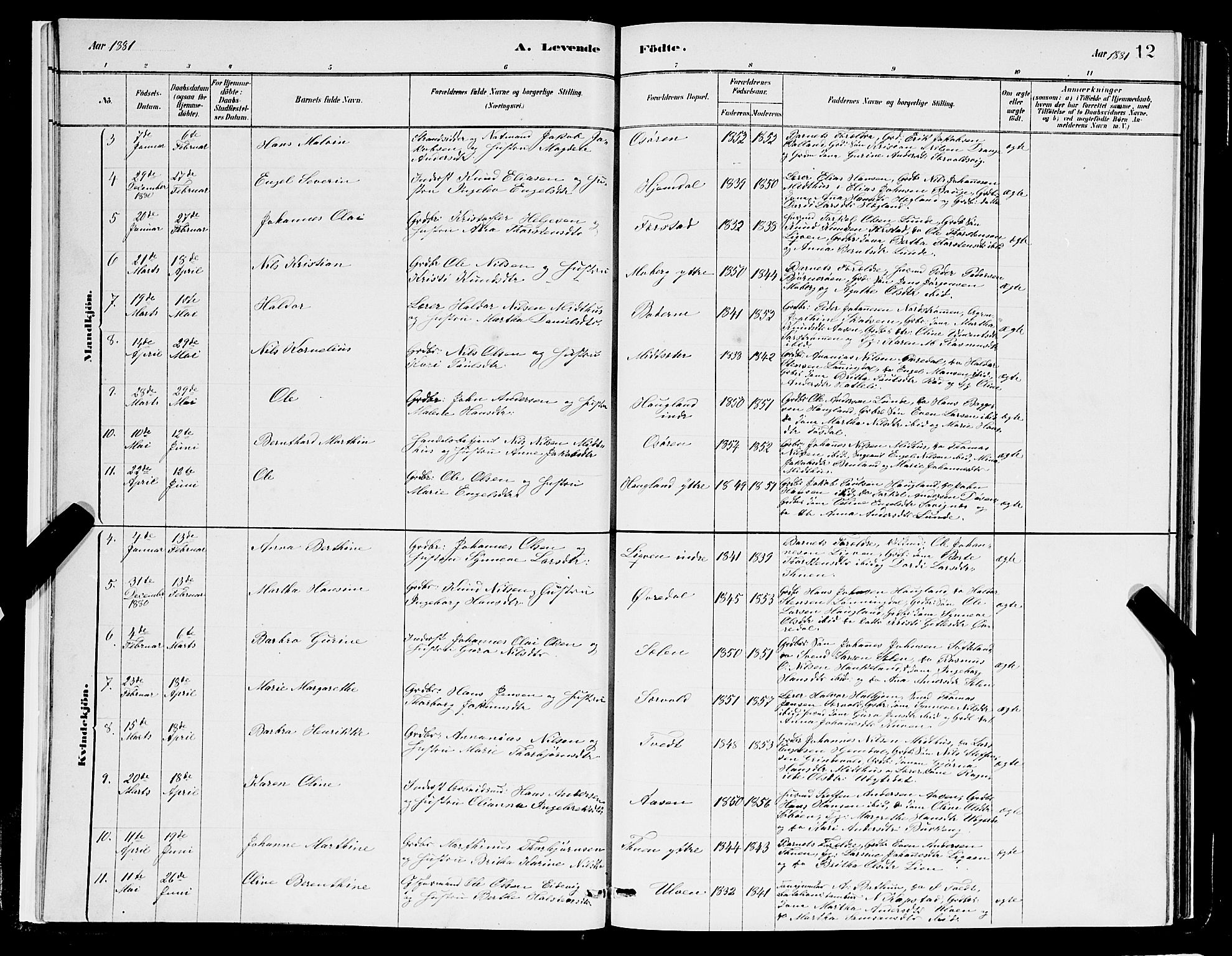 Os sokneprestembete, AV/SAB-A-99929: Parish register (copy) no. A 2, 1880-1896, p. 12