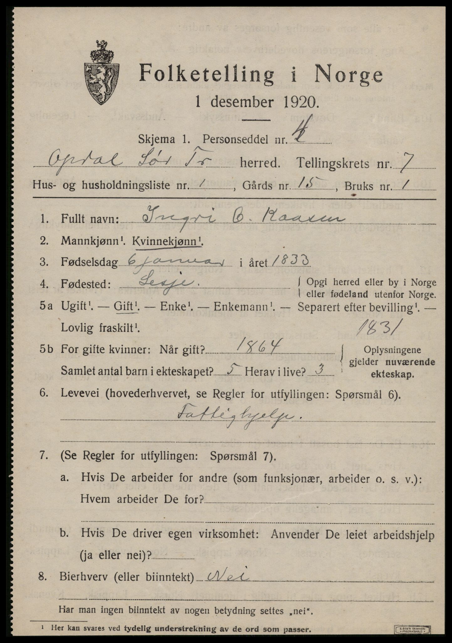 SAT, 1920 census for Oppdal, 1920, p. 5705