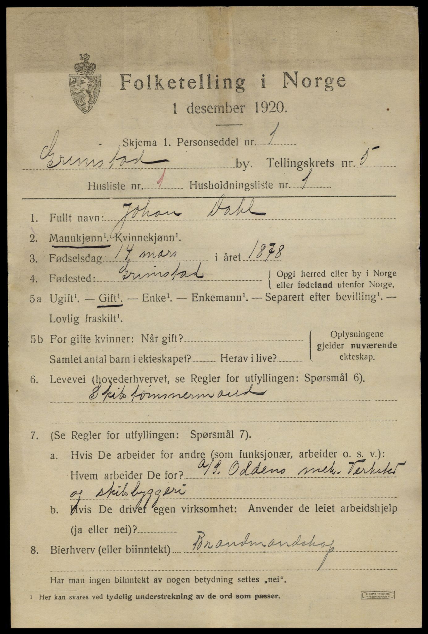 SAK, 1920 census for Grimstad, 1920, p. 6357