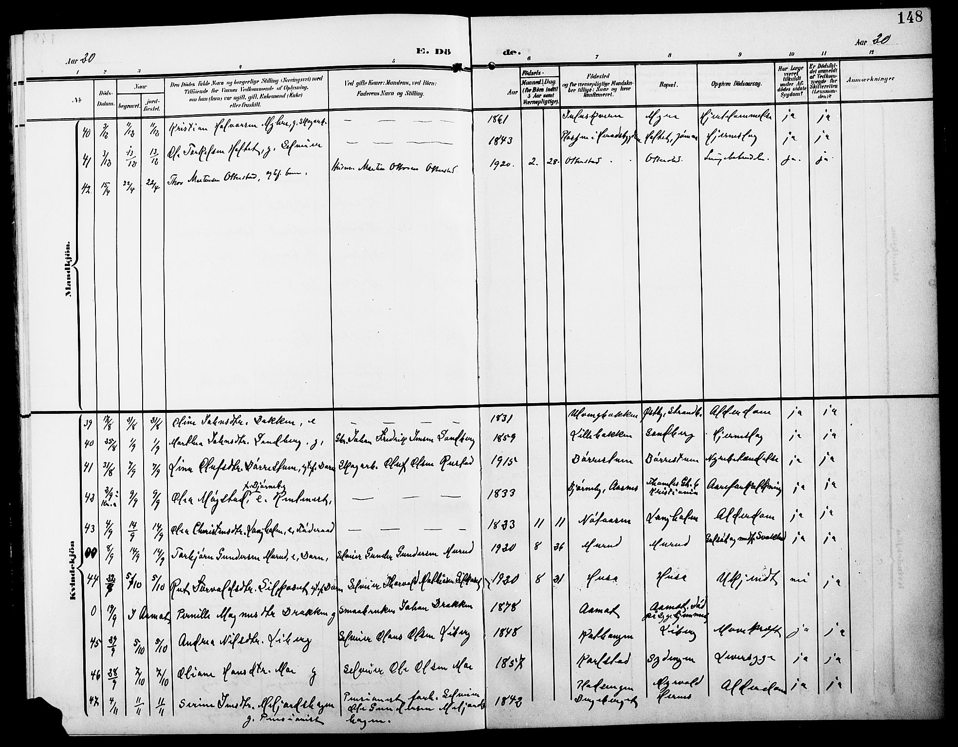 Elverum prestekontor, AV/SAH-PREST-044/H/Ha/Hab/L0009: Parish register (copy) no. 9, 1908-1921, p. 148