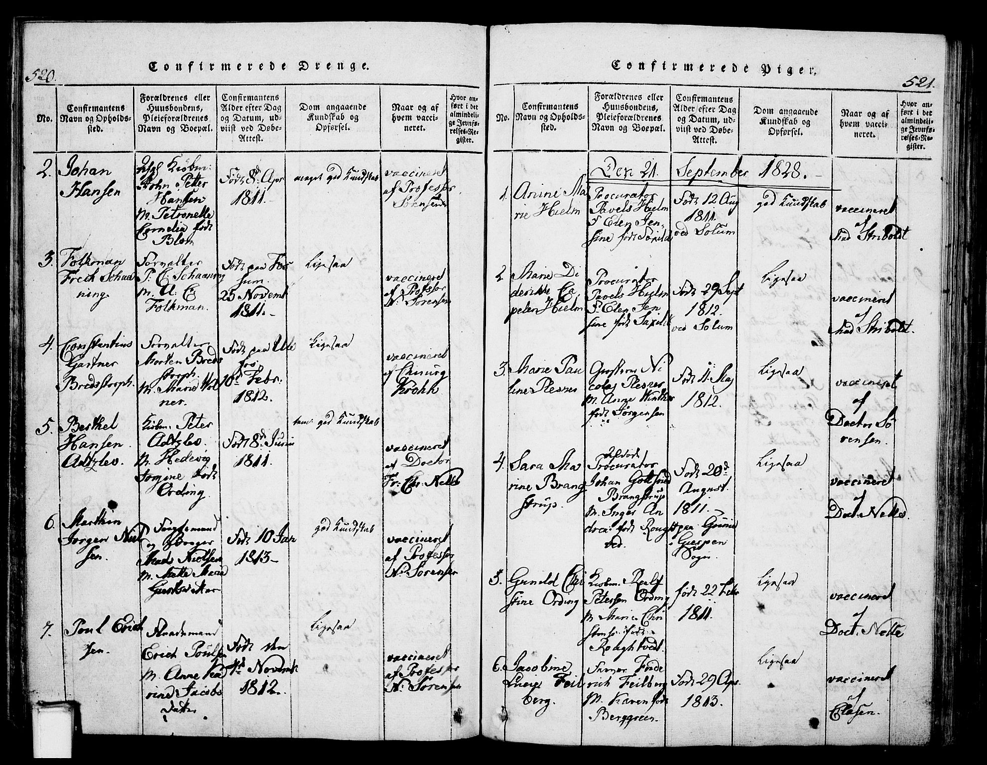 Skien kirkebøker, AV/SAKO-A-302/G/Ga/L0002: Parish register (copy) no. 2, 1814-1842, p. 520-521