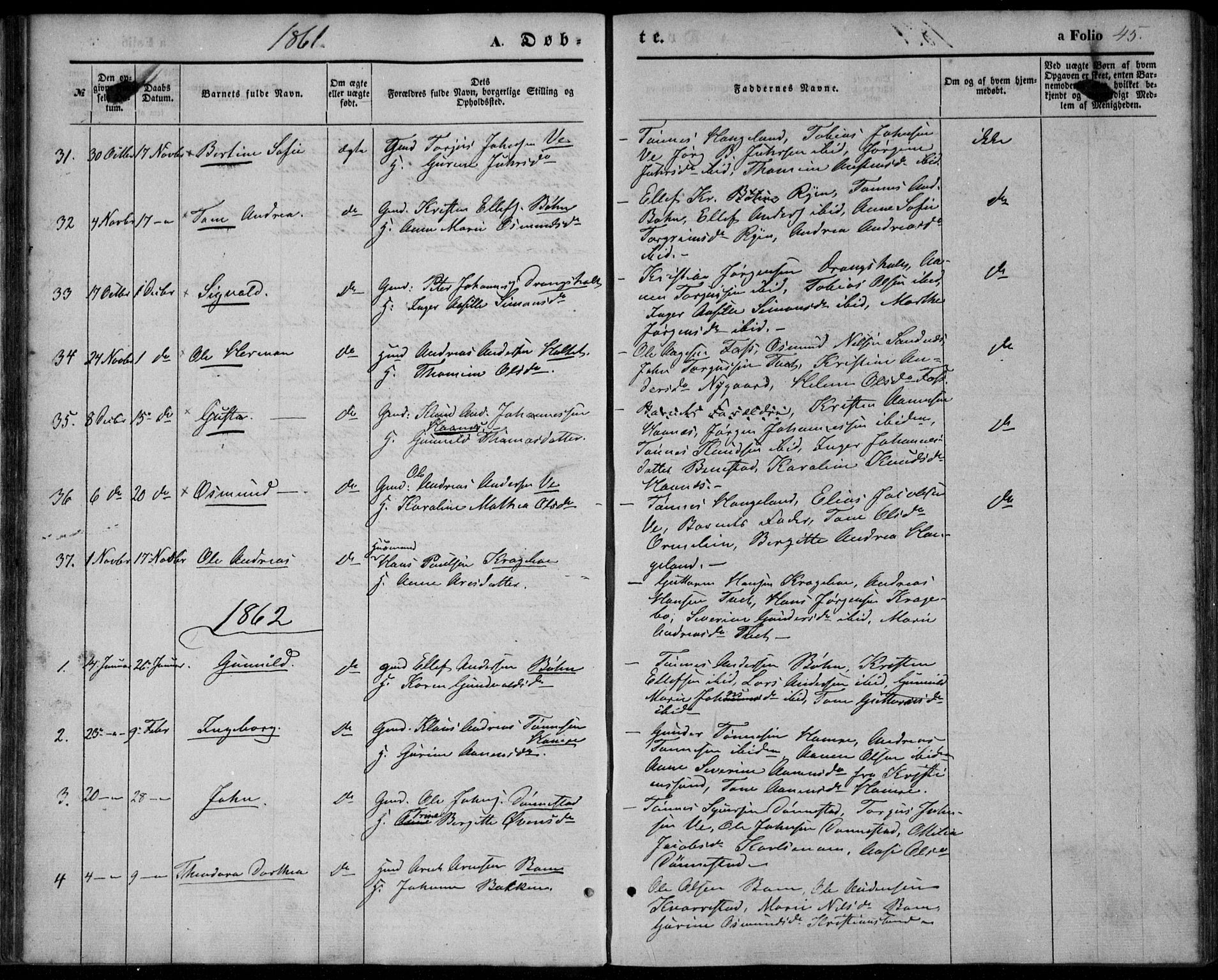 Tveit sokneprestkontor, AV/SAK-1111-0043/F/Fa/L0005: Parish register (official) no. A 5, 1853-1871, p. 45