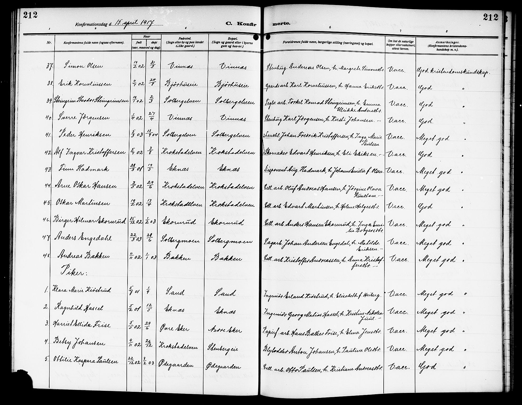 Nedre Eiker kirkebøker, AV/SAKO-A-612/G/Ga/L0005: Parish register (copy) no. 5, 1913-1921, p. 212