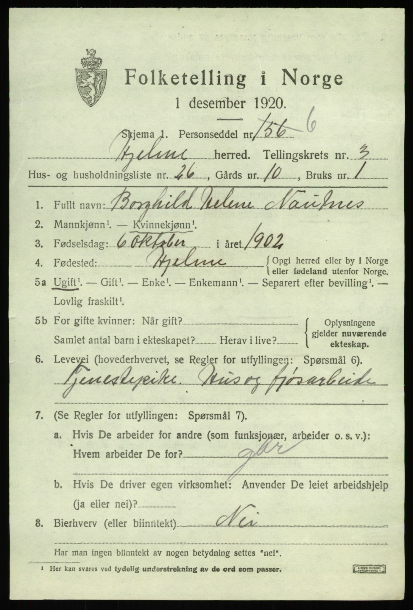 SAB, 1920 census for Hjelme, 1920, p. 2246