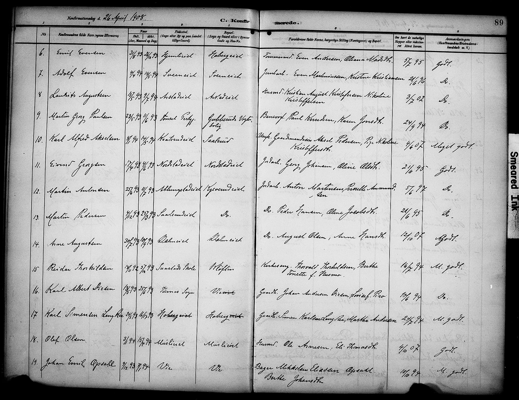 Stange prestekontor, AV/SAH-PREST-002/K/L0022: Parish register (official) no. 22, 1903-1914, p. 89