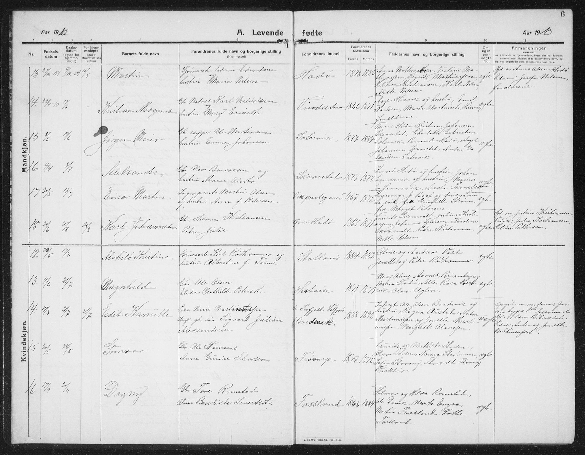 Ministerialprotokoller, klokkerbøker og fødselsregistre - Nord-Trøndelag, SAT/A-1458/774/L0630: Parish register (copy) no. 774C01, 1910-1934, p. 6