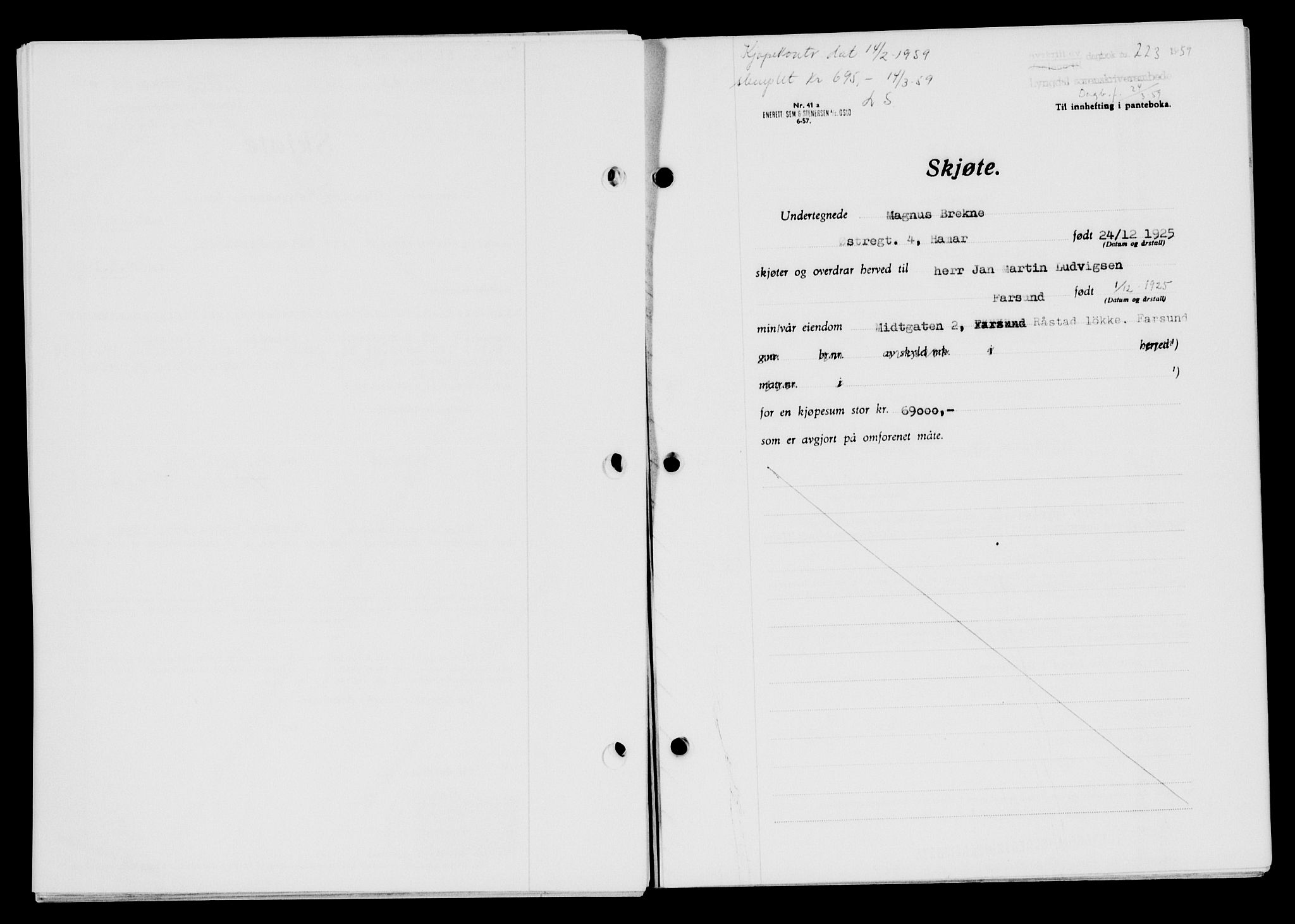 Lyngdal sorenskriveri, AV/SAK-1221-0004/G/Gb/L0678: Mortgage book no. A XXIV, 1958-1959, Diary no: : 223/1959