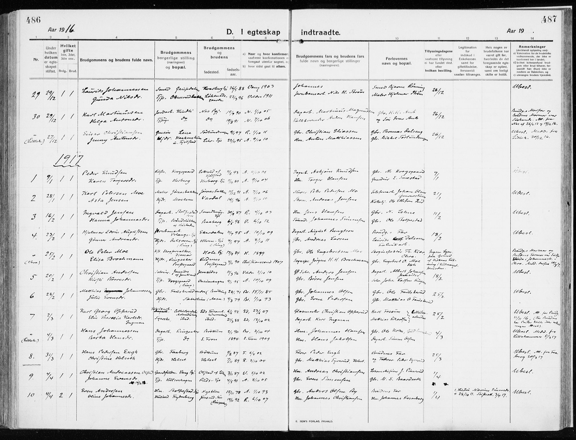 Ringsaker prestekontor, AV/SAH-PREST-014/K/Ka/L0020: Parish register (official) no. 20, 1913-1922, p. 486-487