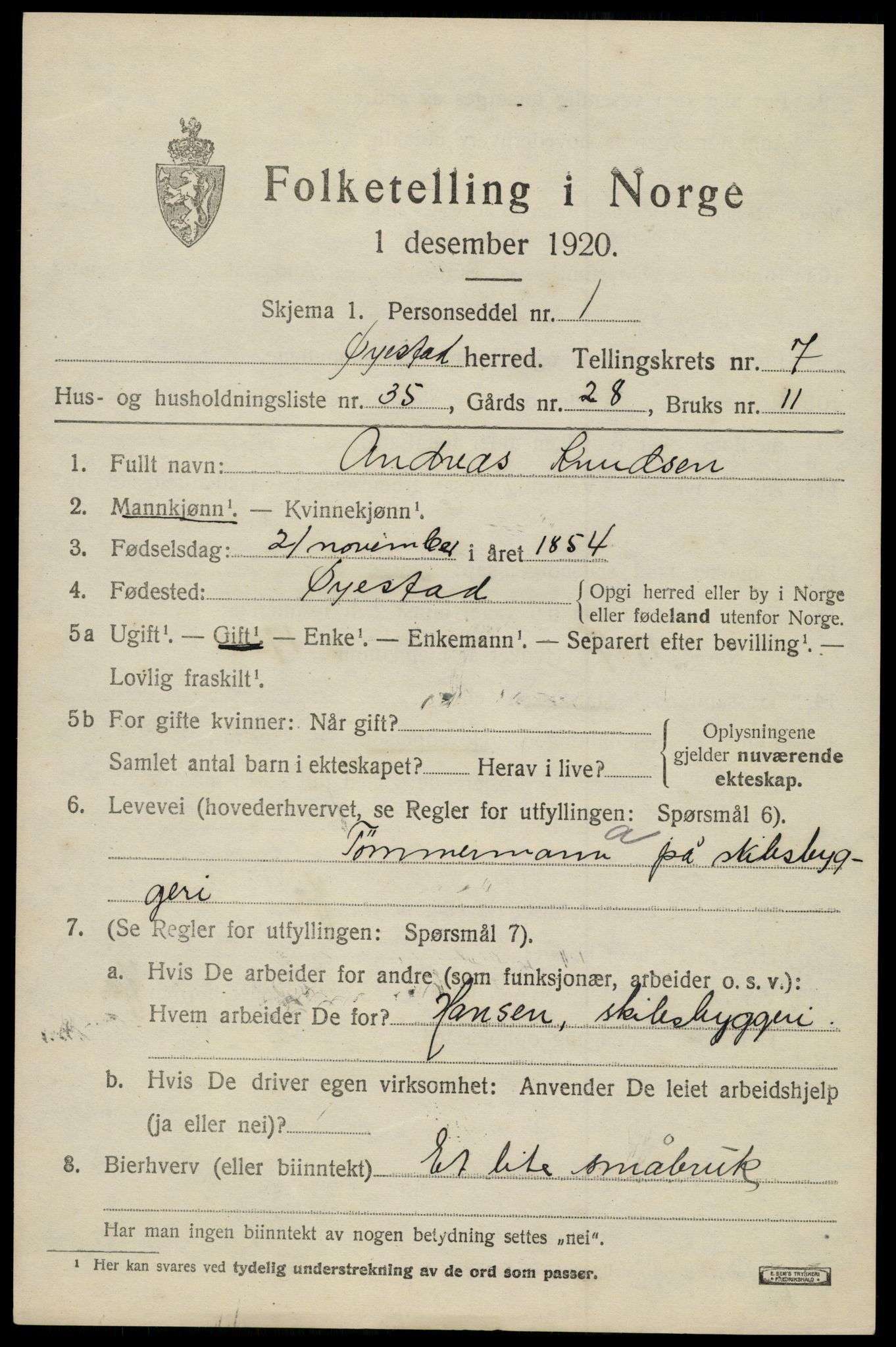 SAK, 1920 census for Øyestad, 1920, p. 5172