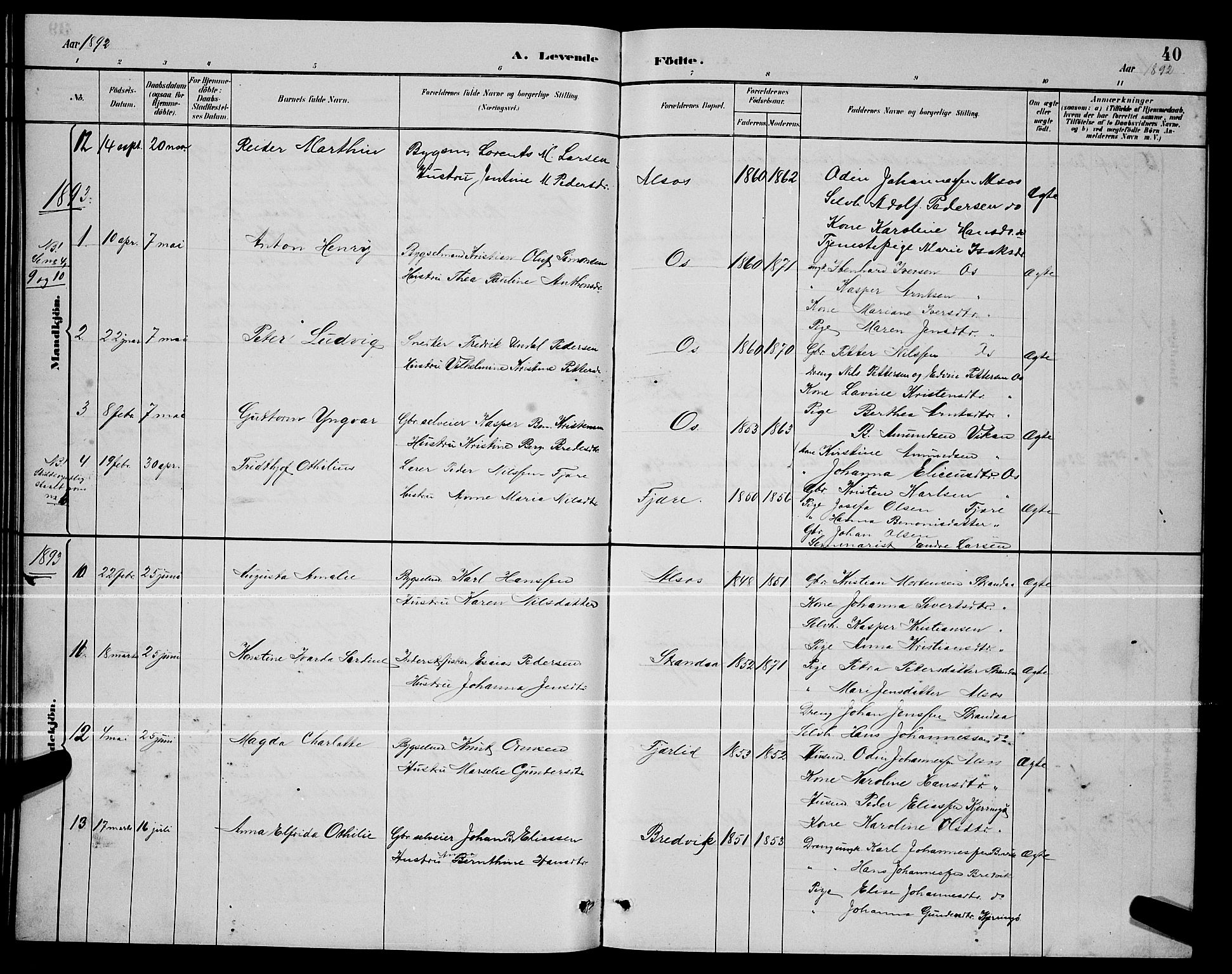 Ministerialprotokoller, klokkerbøker og fødselsregistre - Nordland, SAT/A-1459/803/L0076: Parish register (copy) no. 803C03, 1882-1897, p. 40