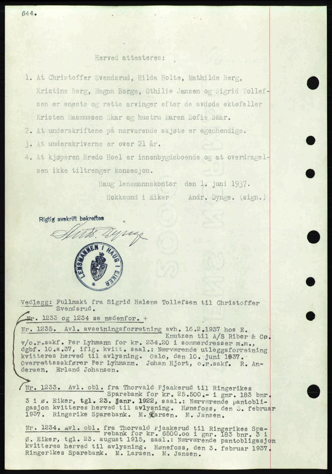 Eiker, Modum og Sigdal sorenskriveri, SAKO/A-123/G/Ga/Gab/L0035: Mortgage book no. A5, 1937-1937, Diary no: : 1233/1937