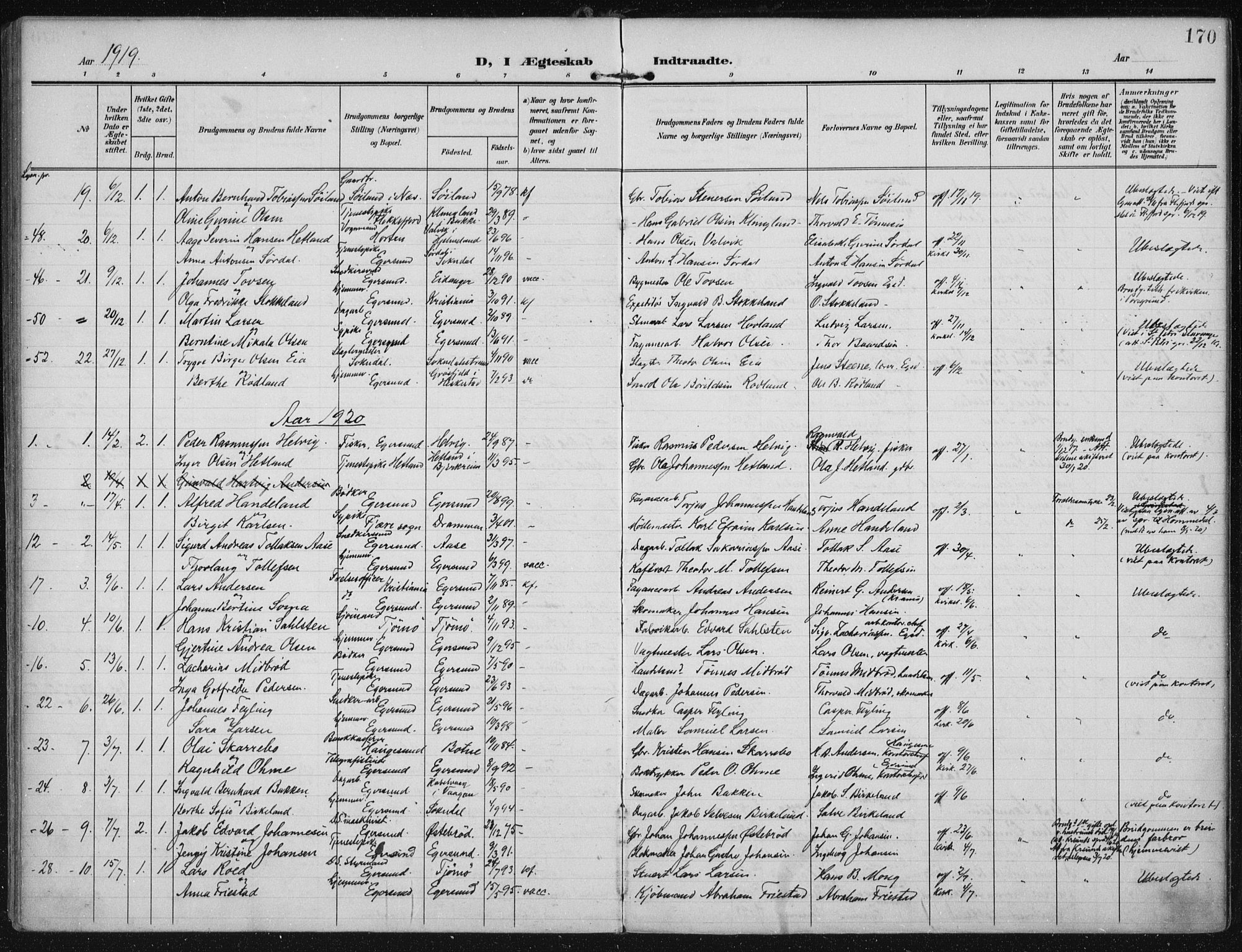 Eigersund sokneprestkontor, AV/SAST-A-101807/S08/L0022: Parish register (official) no. A 21, 1905-1928, p. 170