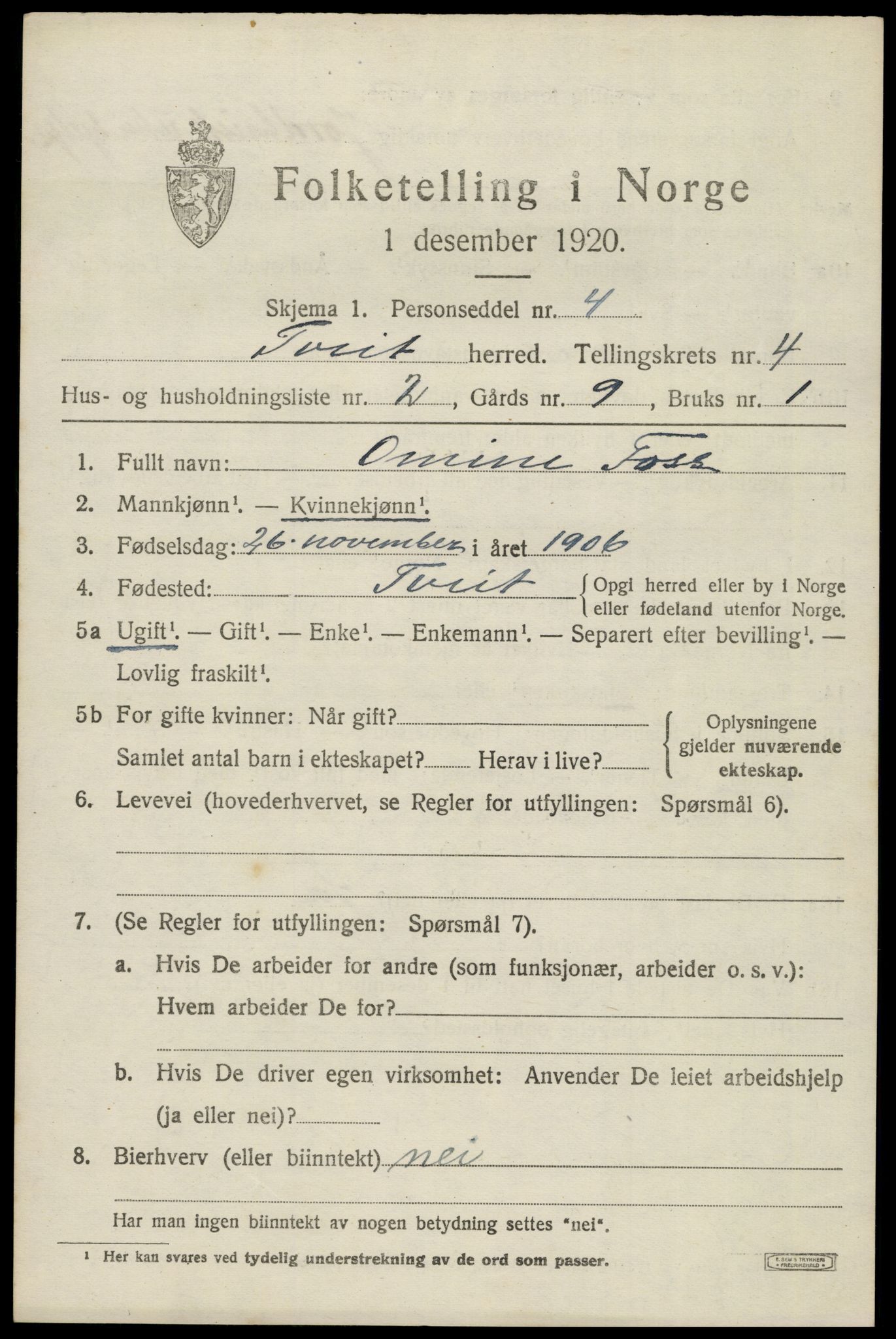 SAK, 1920 census for Tveit, 1920, p. 1990