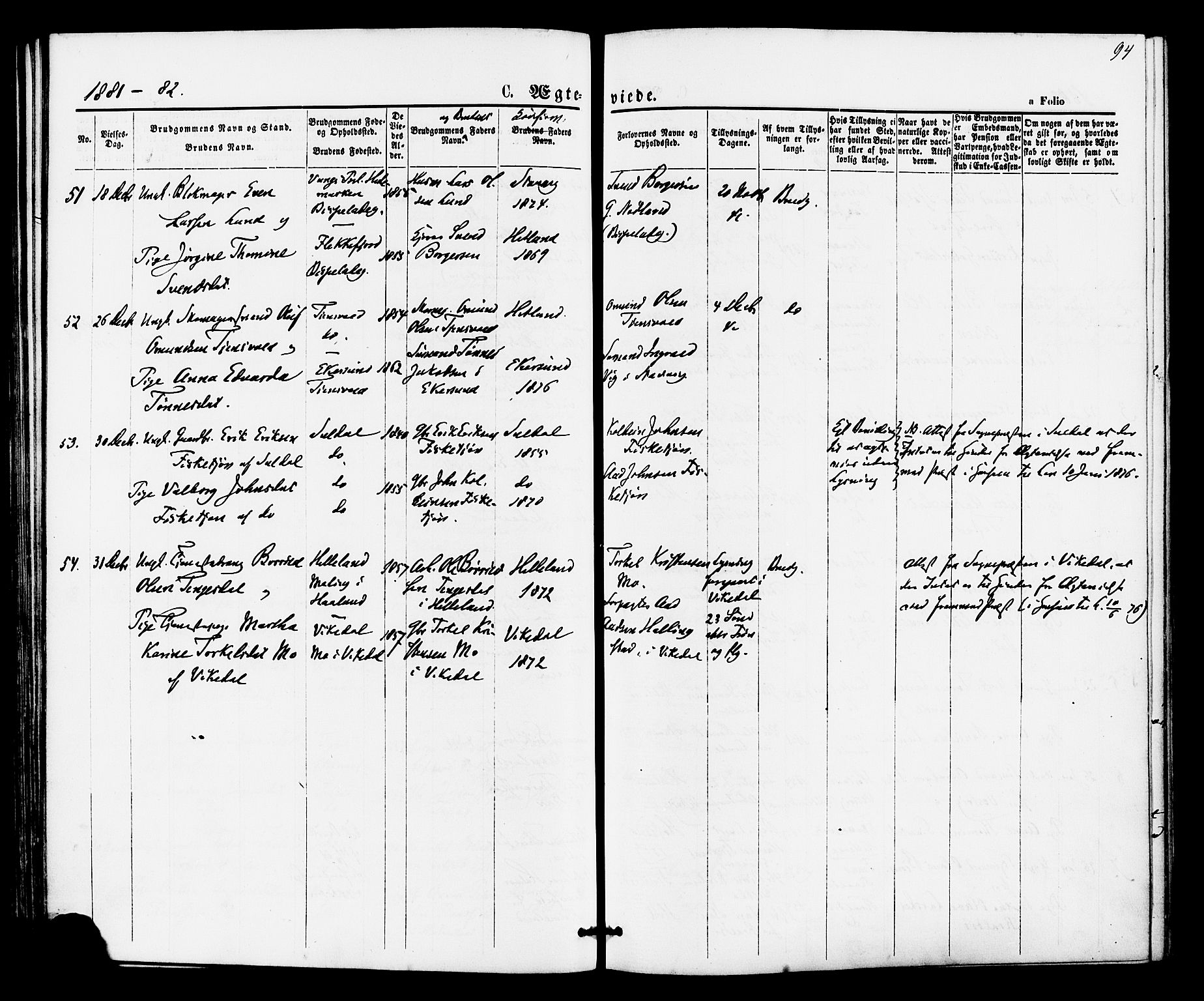 Hetland sokneprestkontor, SAST/A-101826/30/30BA/L0005: Parish register (official) no. A 5, 1869-1884, p. 94