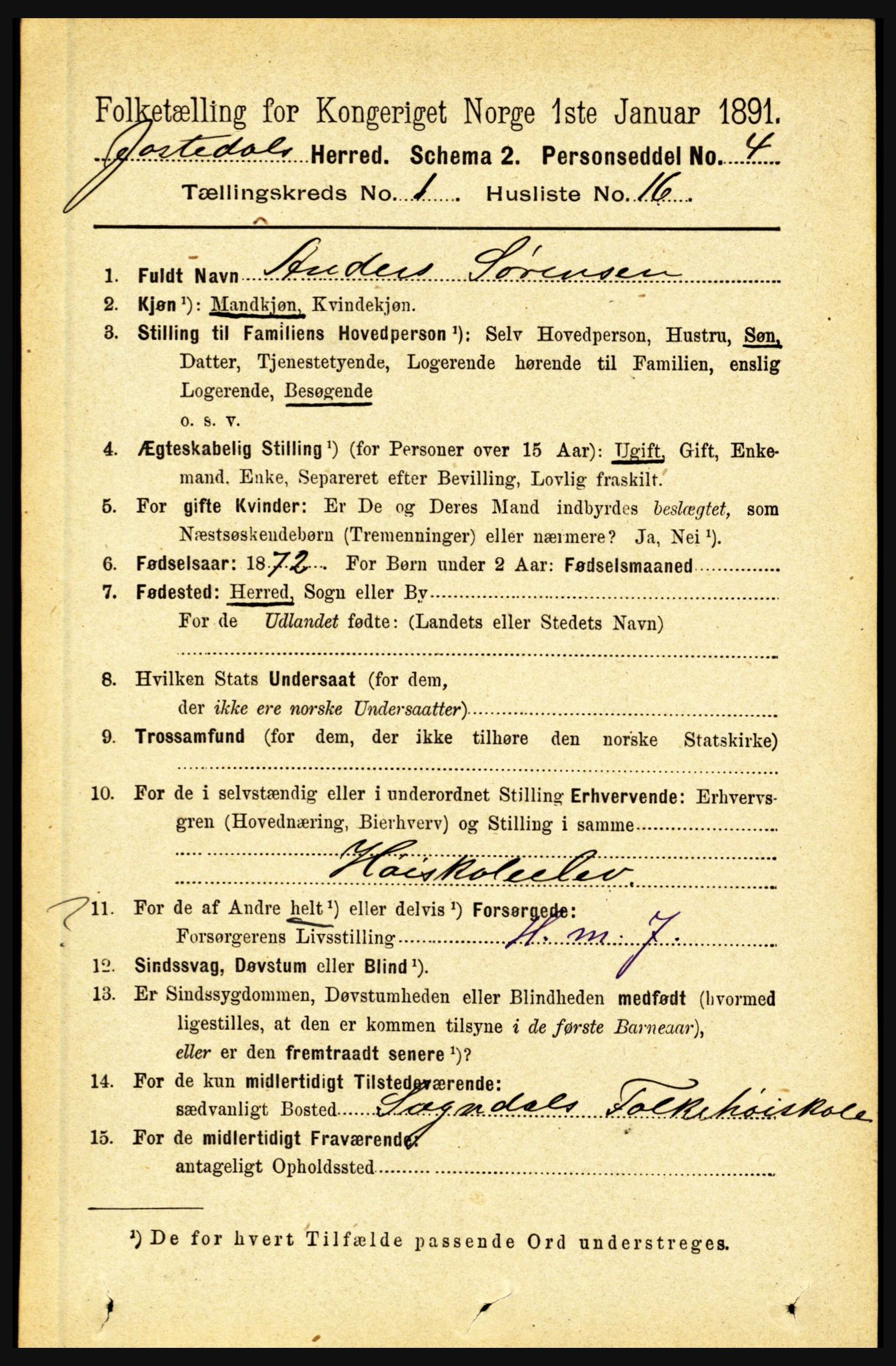 RA, 1891 census for 1427 Jostedal, 1891, p. 185