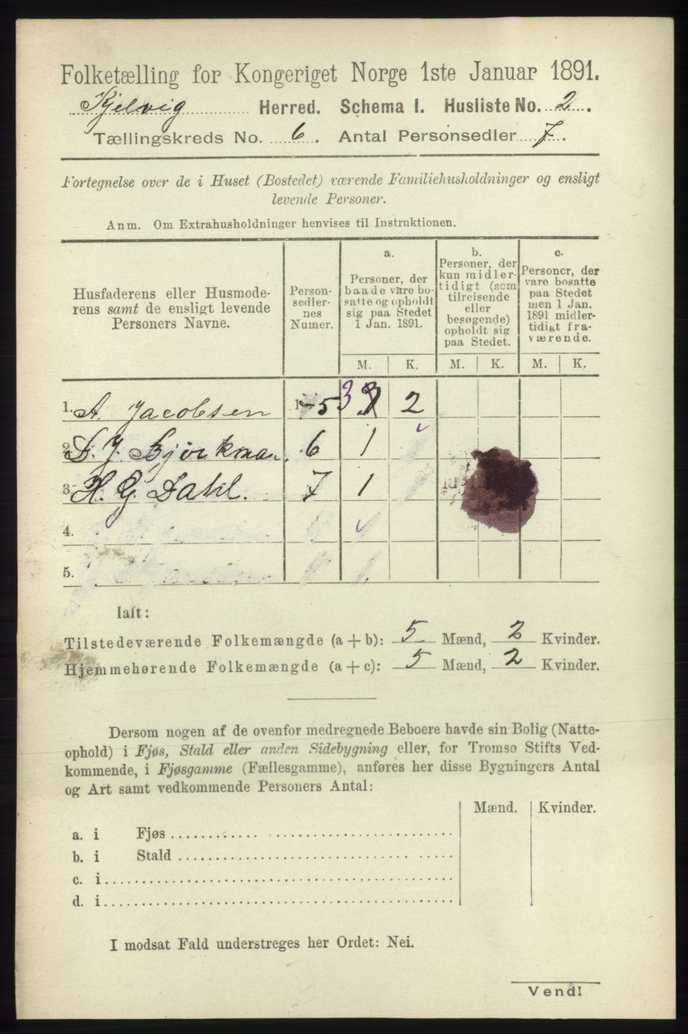 RA, 1891 census for 2019 Kjelvik, 1891, p. 584