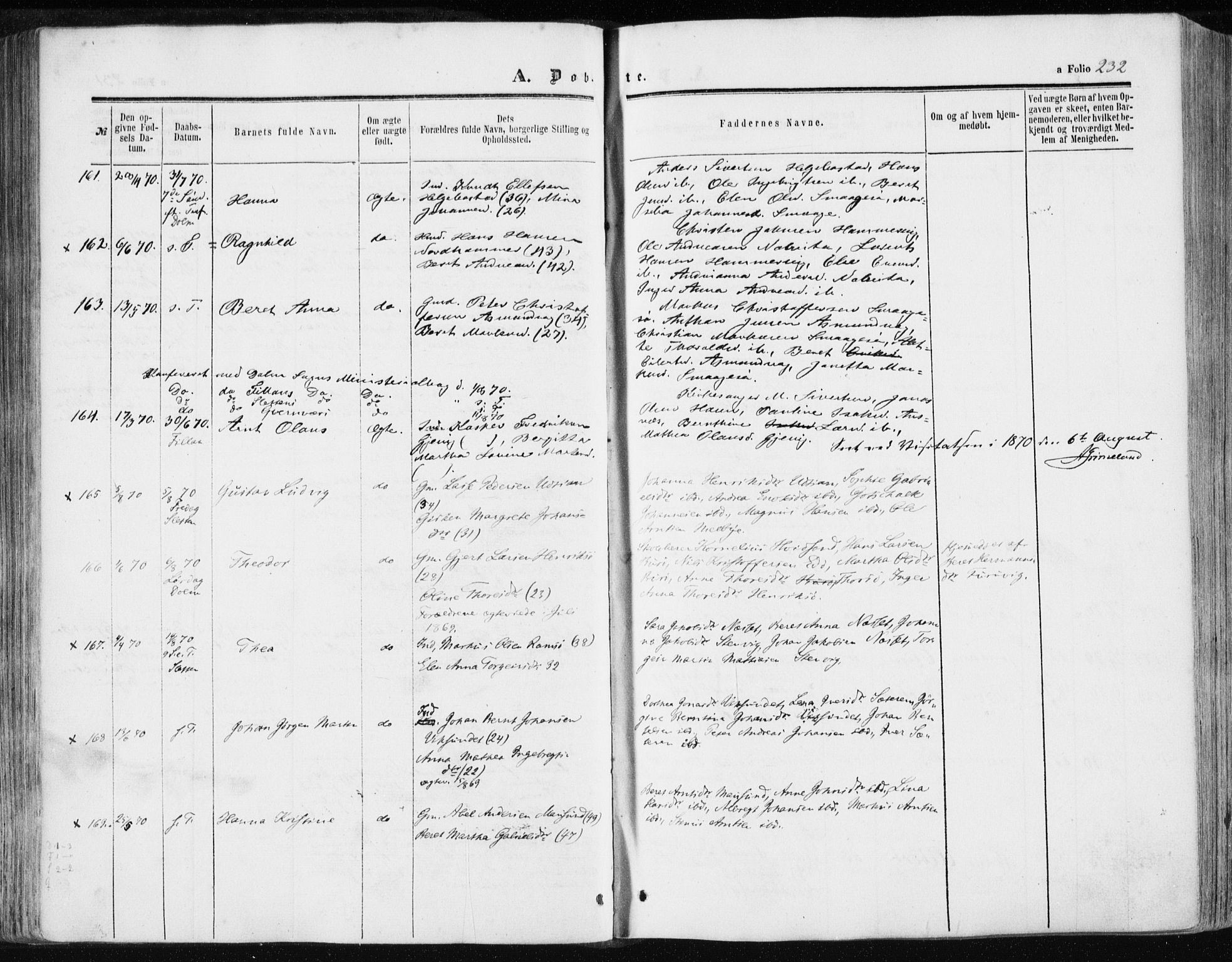 Ministerialprotokoller, klokkerbøker og fødselsregistre - Sør-Trøndelag, SAT/A-1456/634/L0531: Parish register (official) no. 634A07, 1861-1870, p. 232