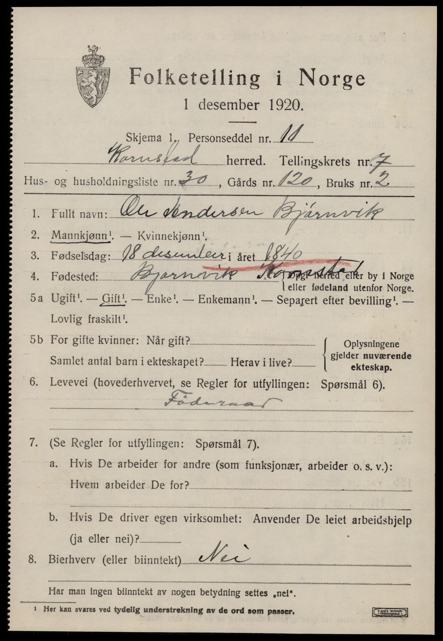 SAT, 1920 census for Kornstad, 1920, p. 4211