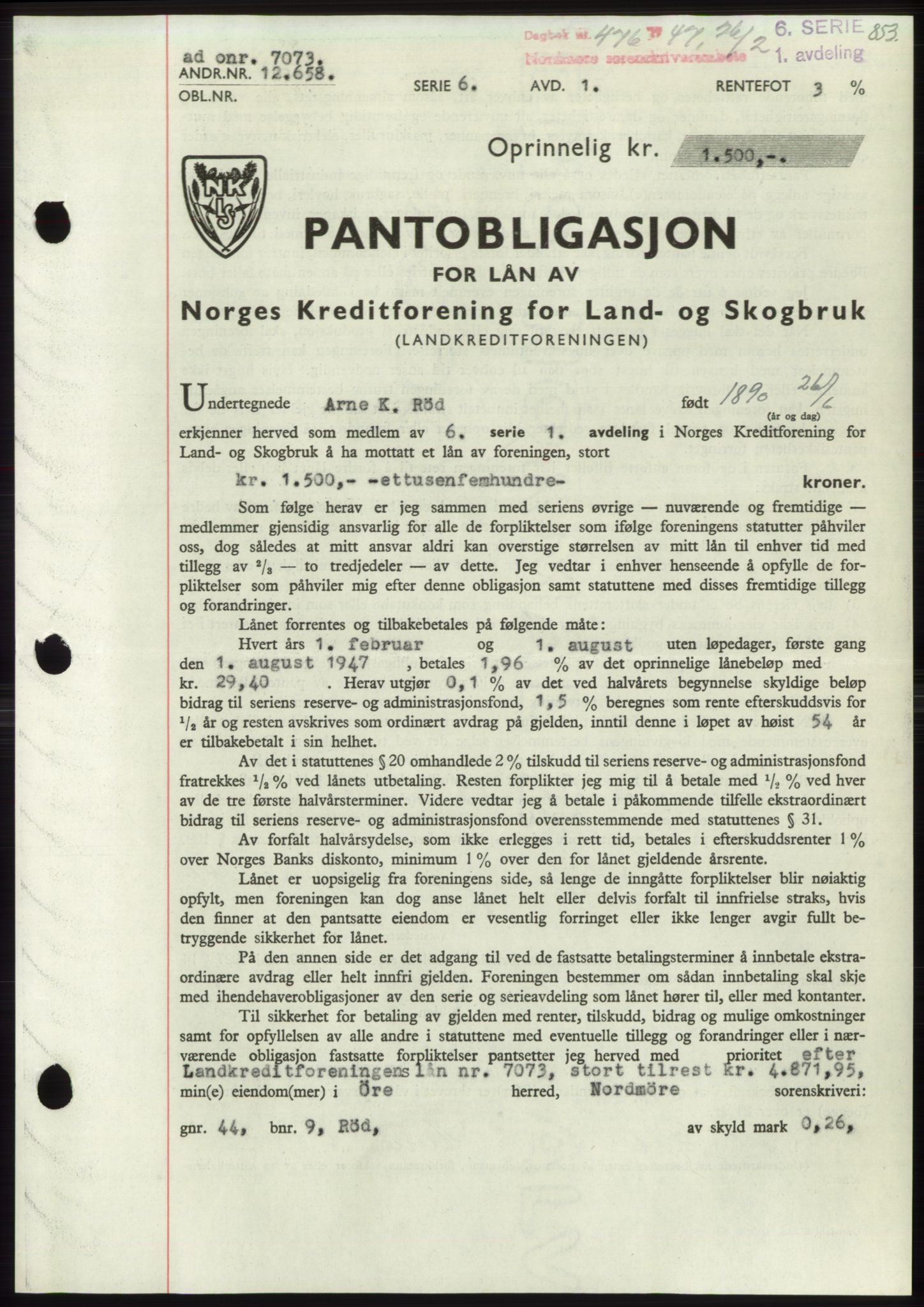 Nordmøre sorenskriveri, AV/SAT-A-4132/1/2/2Ca: Mortgage book no. B95, 1946-1947, Diary no: : 476/1947