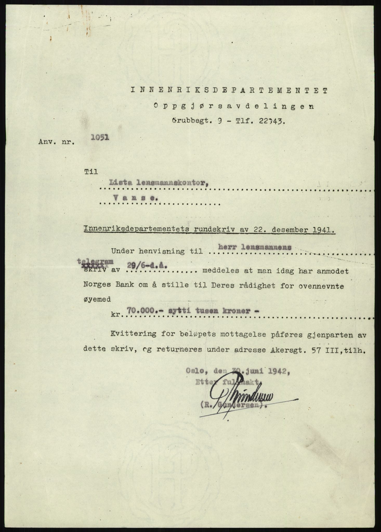 Forsvarsdepartementet, 10. kontor / Oppgjørskontoret, AV/RA-RAFA-1225/D/Db/L0180: Lista oppgjørskontor, 1942-1952, p. 1035