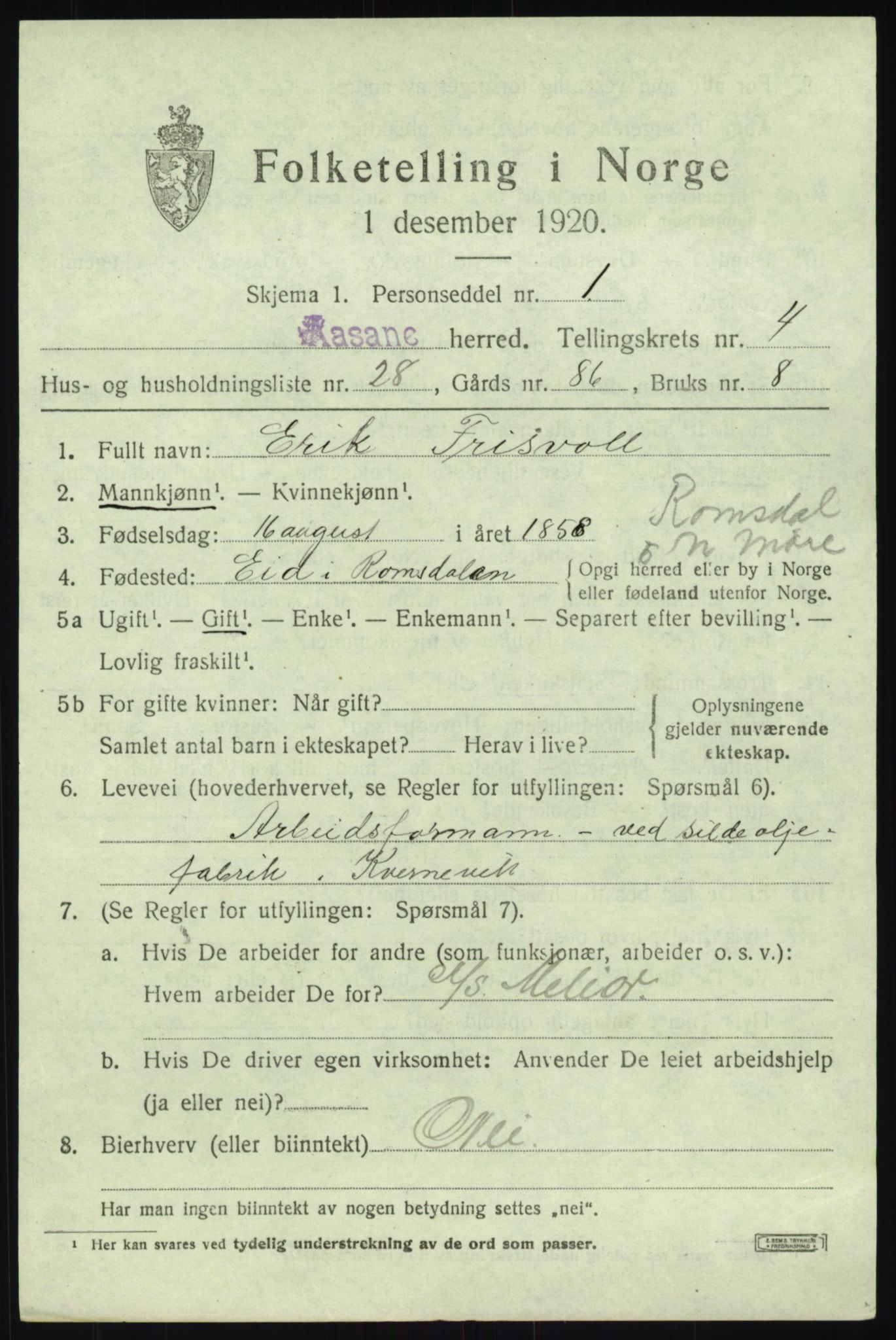 SAB, 1920 census for Åsane, 1920, p. 2833