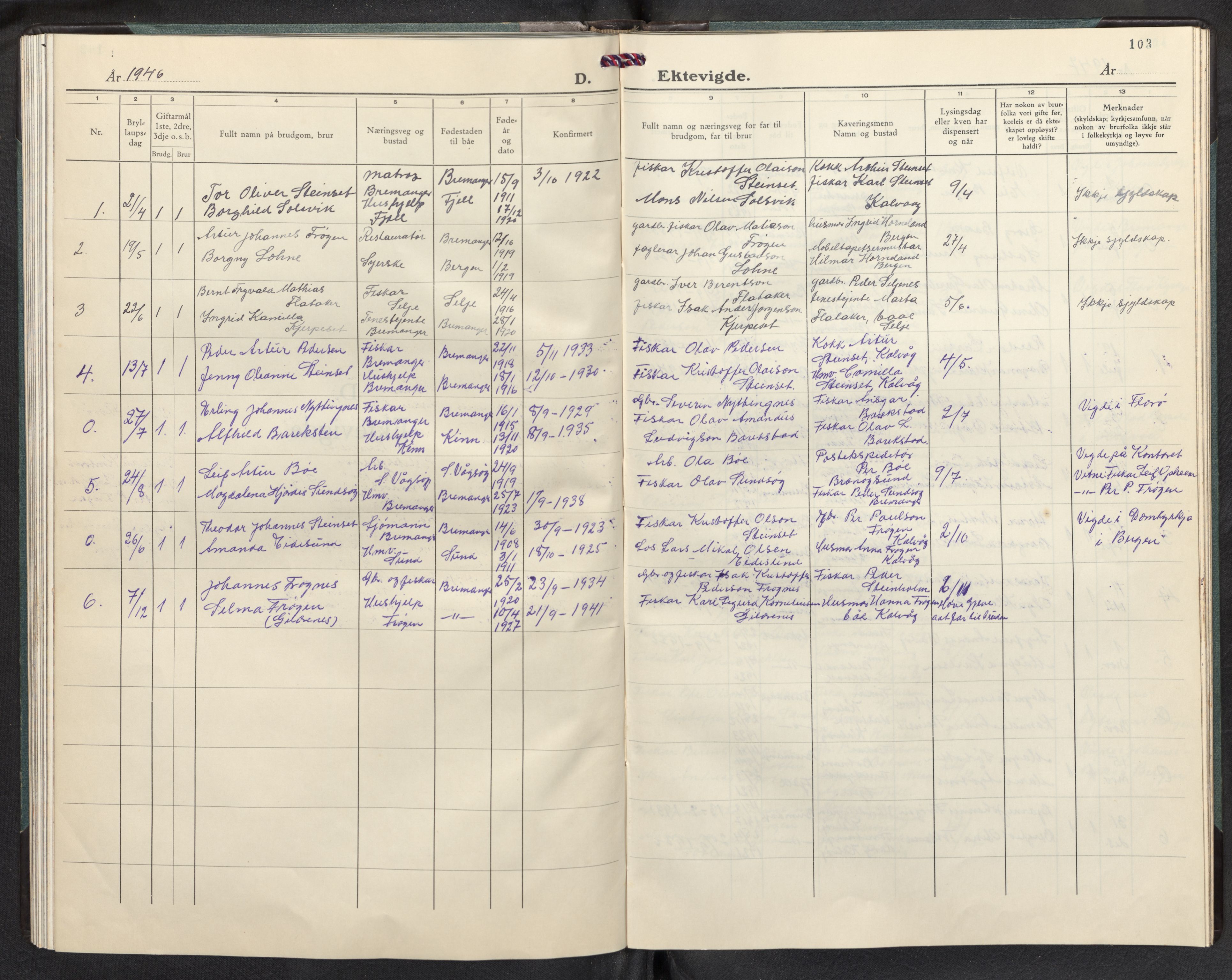 Bremanger sokneprestembete, AV/SAB-A-82201/H/Hab/Habb/L0003: Parish register (copy) no. B 3, 1946-1957, p. 102b-103a
