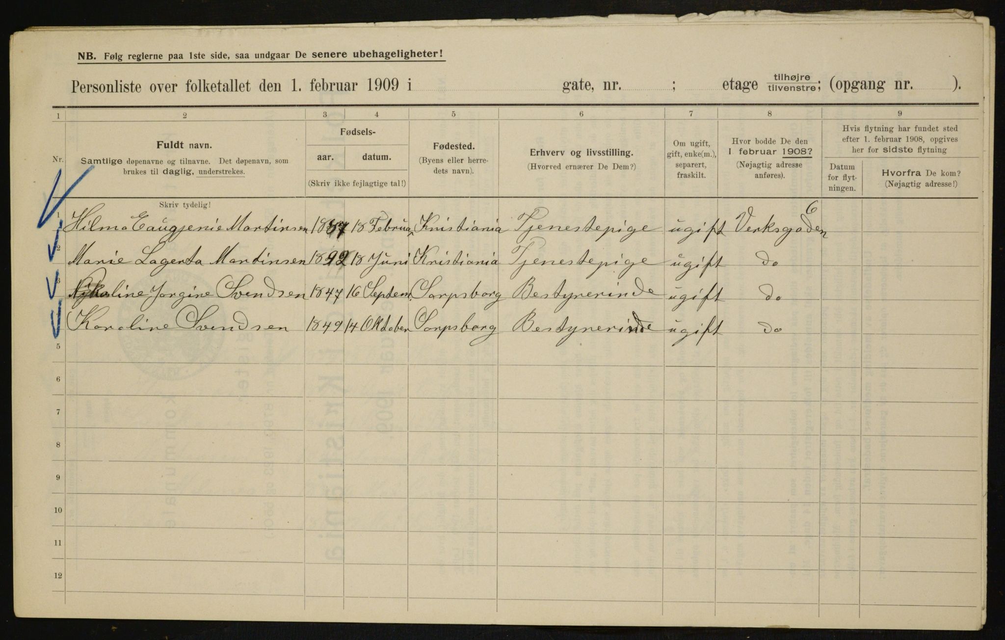 OBA, Municipal Census 1909 for Kristiania, 1909, p. 110615