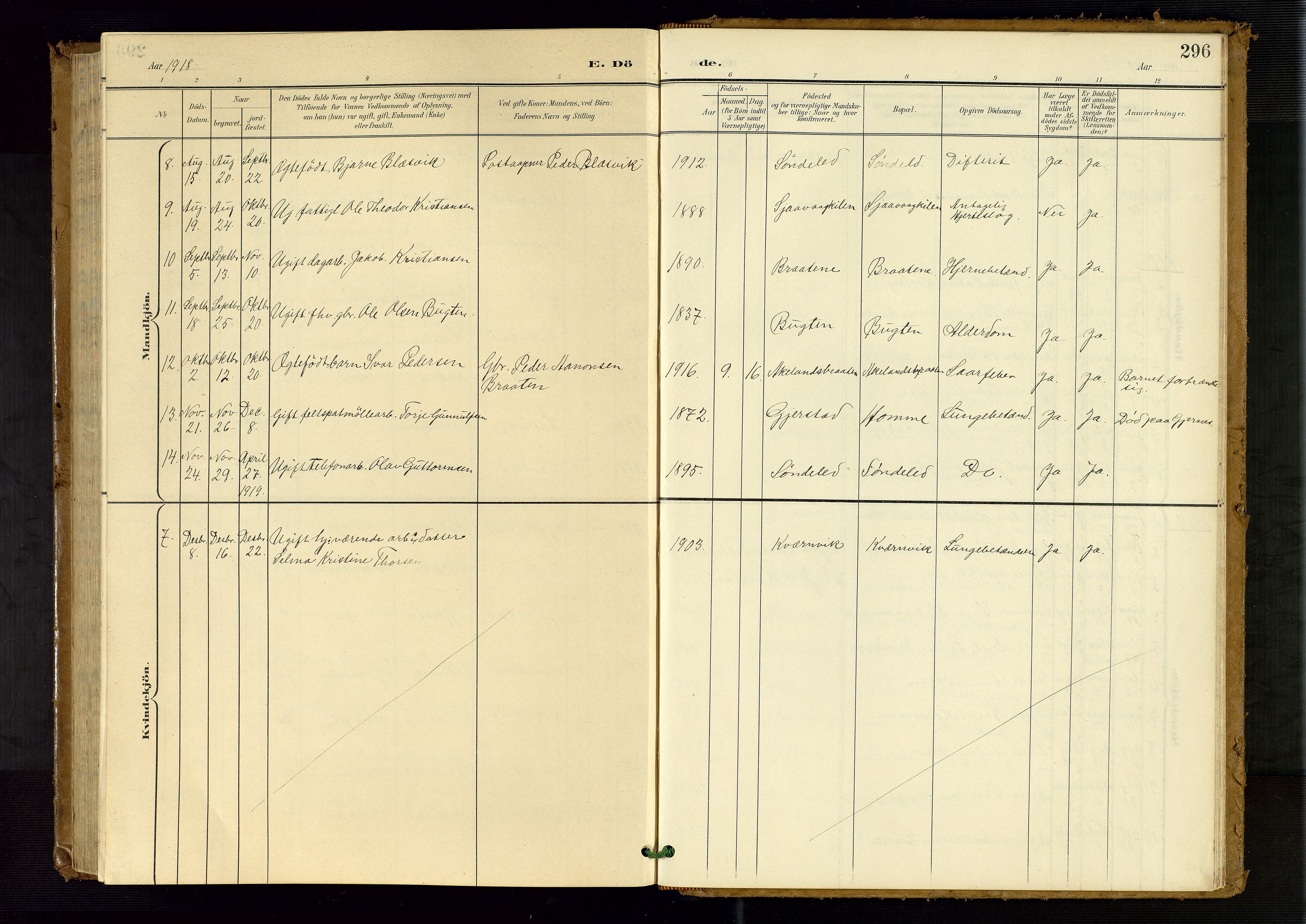 Søndeled sokneprestkontor, AV/SAK-1111-0038/F/Fb/L0005: Parish register (copy) no. B 6, 1900-1962, p. 296