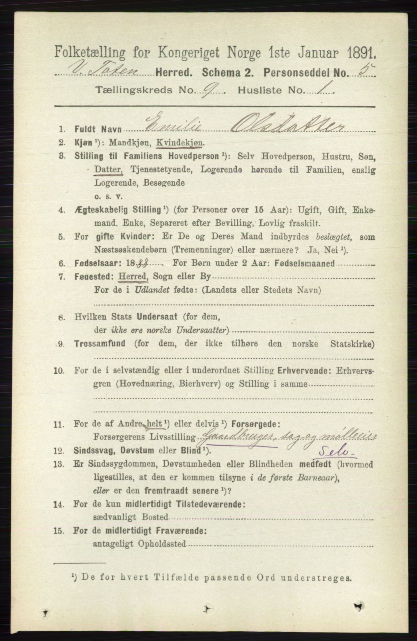 RA, 1891 census for 0529 Vestre Toten, 1891, p. 5550