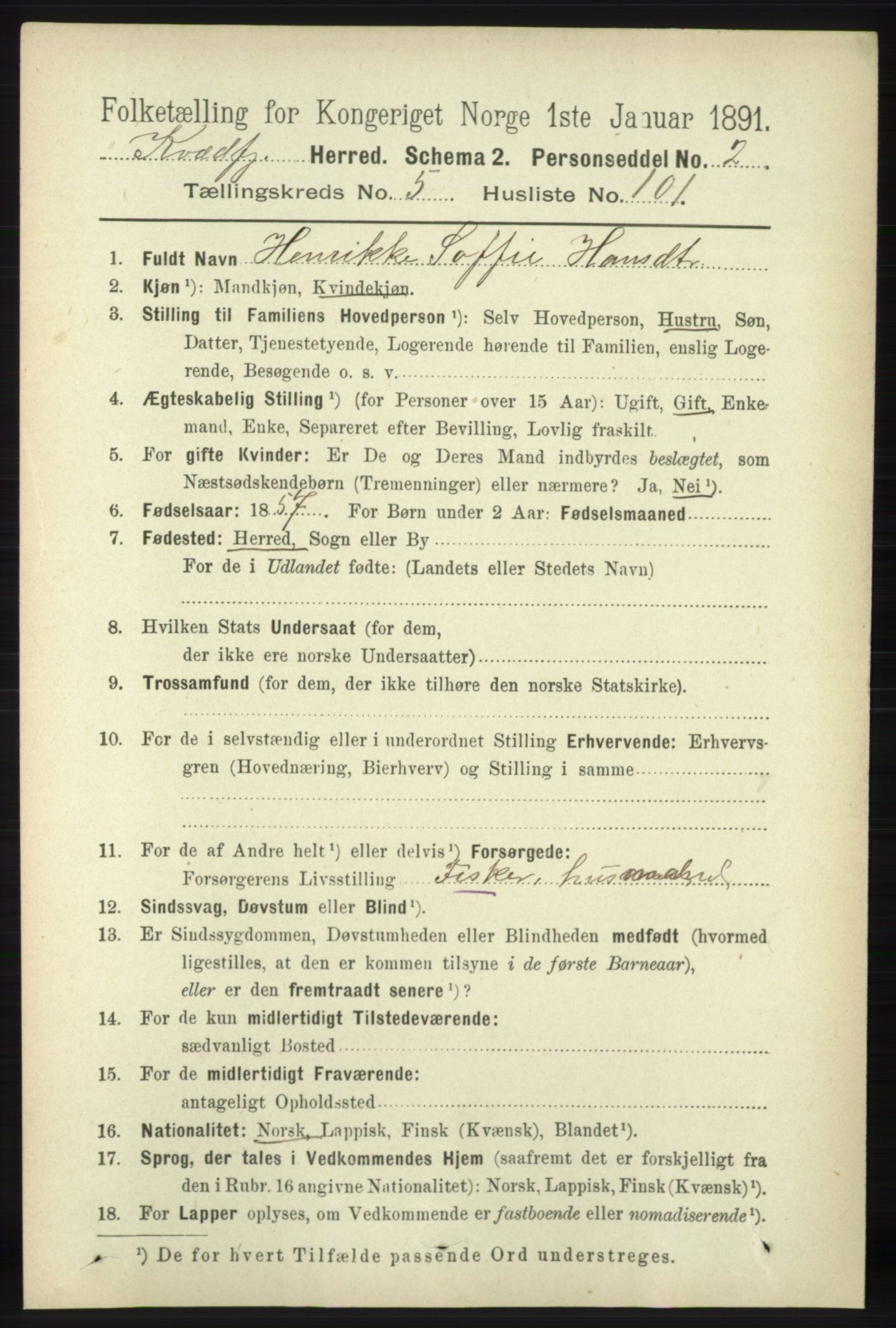 RA, 1891 census for 1911 Kvæfjord, 1891, p. 3475