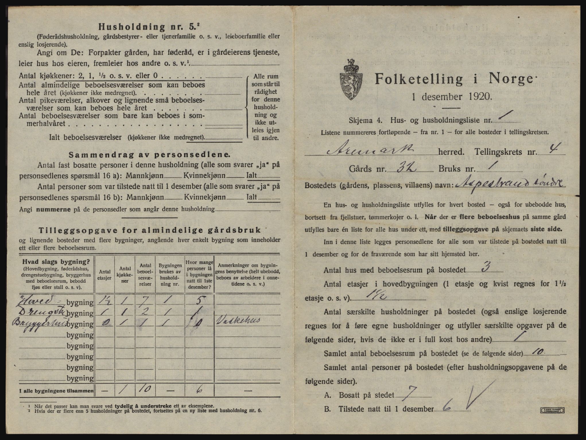 SAO, 1920 census for Aremark, 1920, p. 479