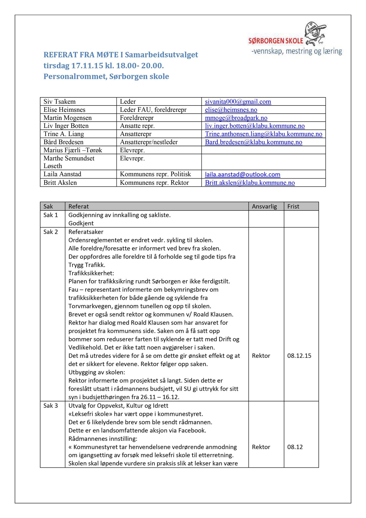 Klæbu Kommune, TRKO/KK/12-SU/L002: Samarbeidsutvalgene skoler og barnehager - Møtedokumenter, 2015-2016, p. 2