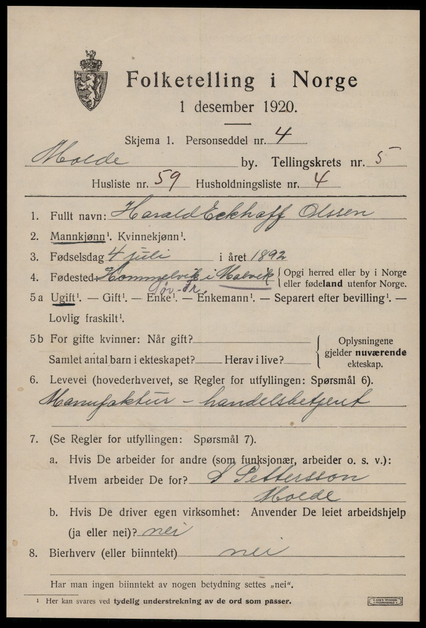 SAT, 1920 census for Molde, 1920, p. 7757