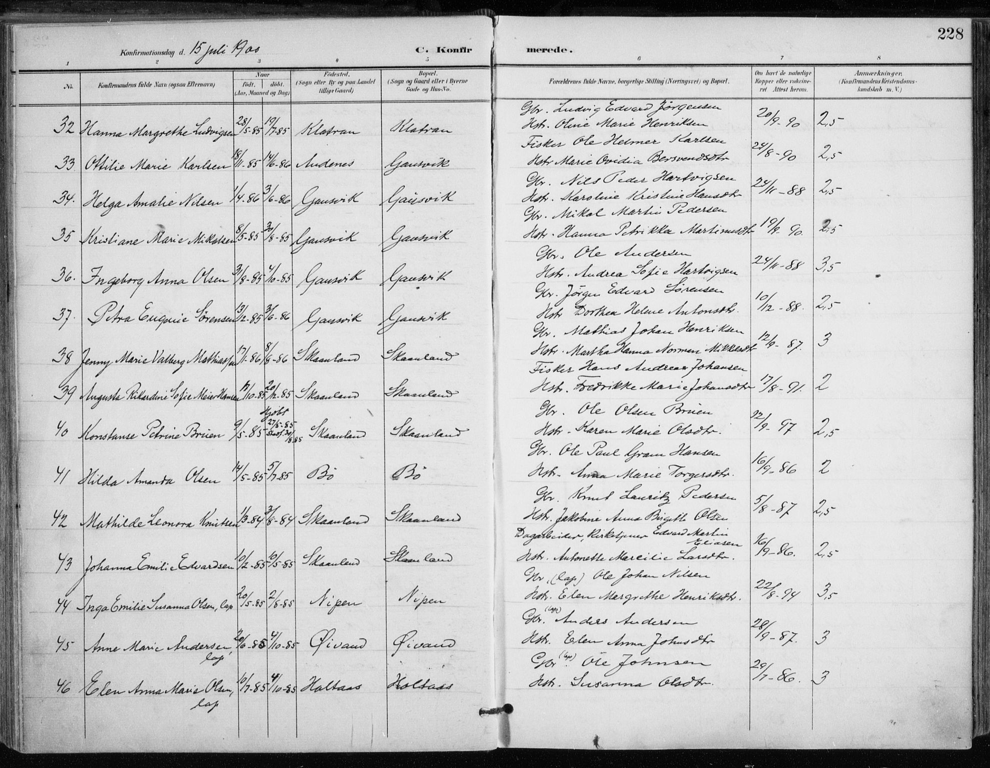 Trondenes sokneprestkontor, AV/SATØ-S-1319/H/Ha/L0017kirke: Parish register (official) no. 17, 1899-1908, p. 228