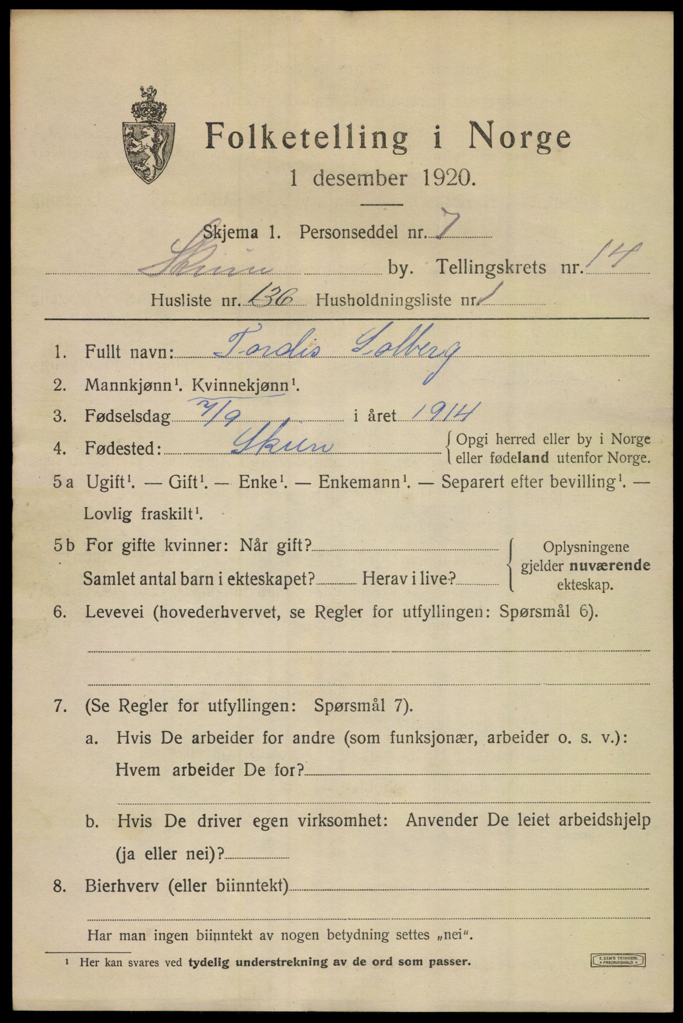 SAKO, 1920 census for Skien, 1920, p. 43528