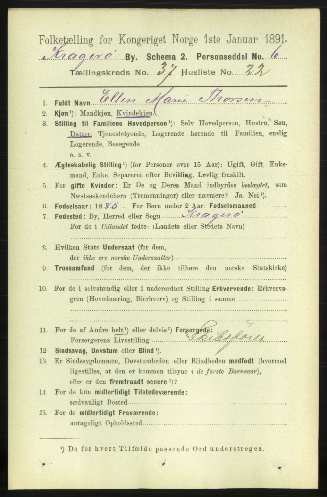 RA, 1891 census for 0801 Kragerø, 1891, p. 6907