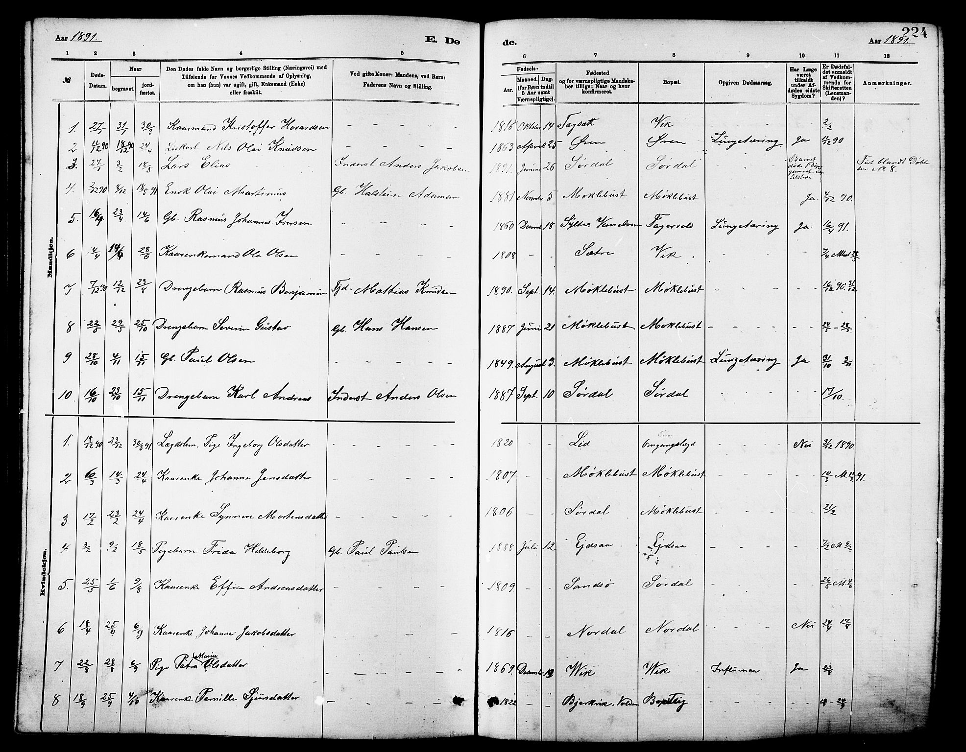 Ministerialprotokoller, klokkerbøker og fødselsregistre - Møre og Romsdal, AV/SAT-A-1454/502/L0027: Parish register (copy) no. 502C01, 1878-1908, p. 224