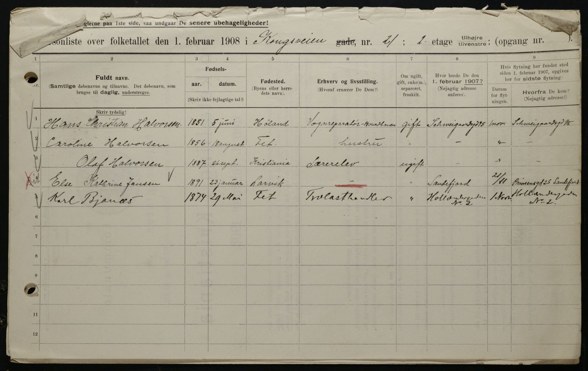 OBA, Municipal Census 1908 for Kristiania, 1908, p. 47457