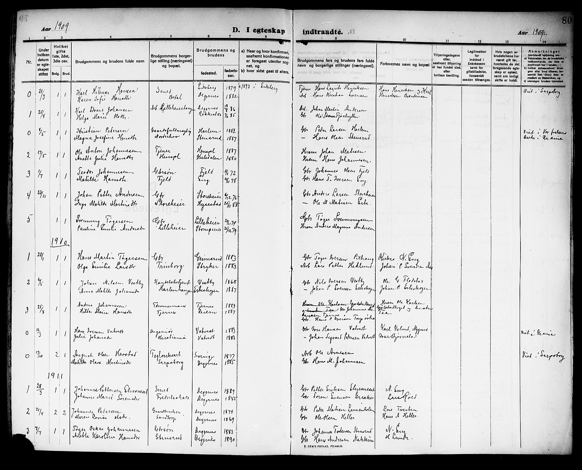 Rakkestad prestekontor Kirkebøker, AV/SAO-A-2008/G/Gb/L0002: Parish register (copy) no. II 2, 1909-1920, p. 80