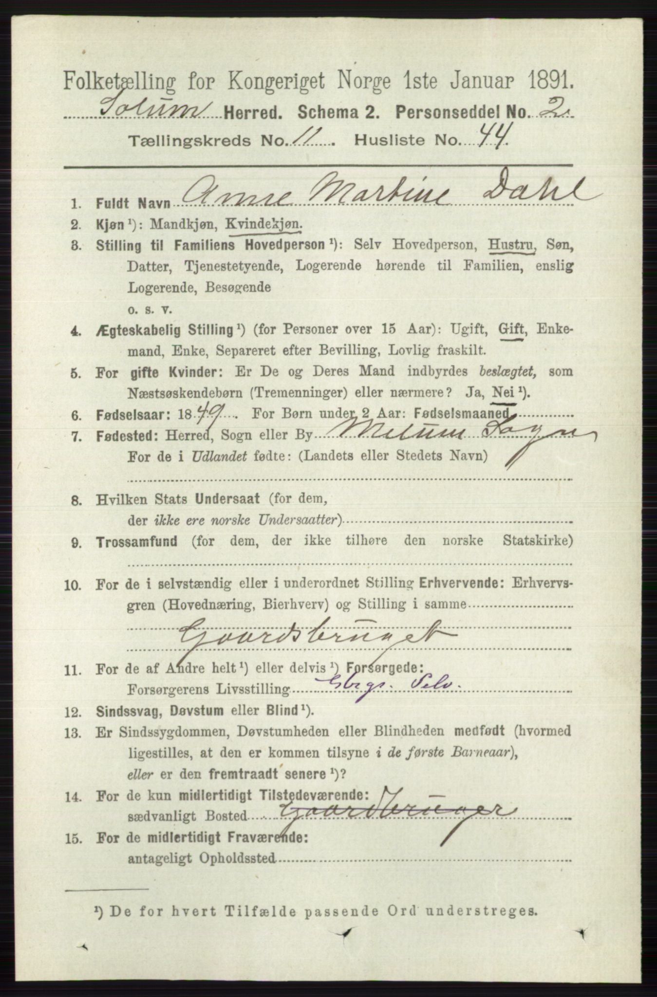 RA, 1891 census for 0818 Solum, 1891, p. 5529