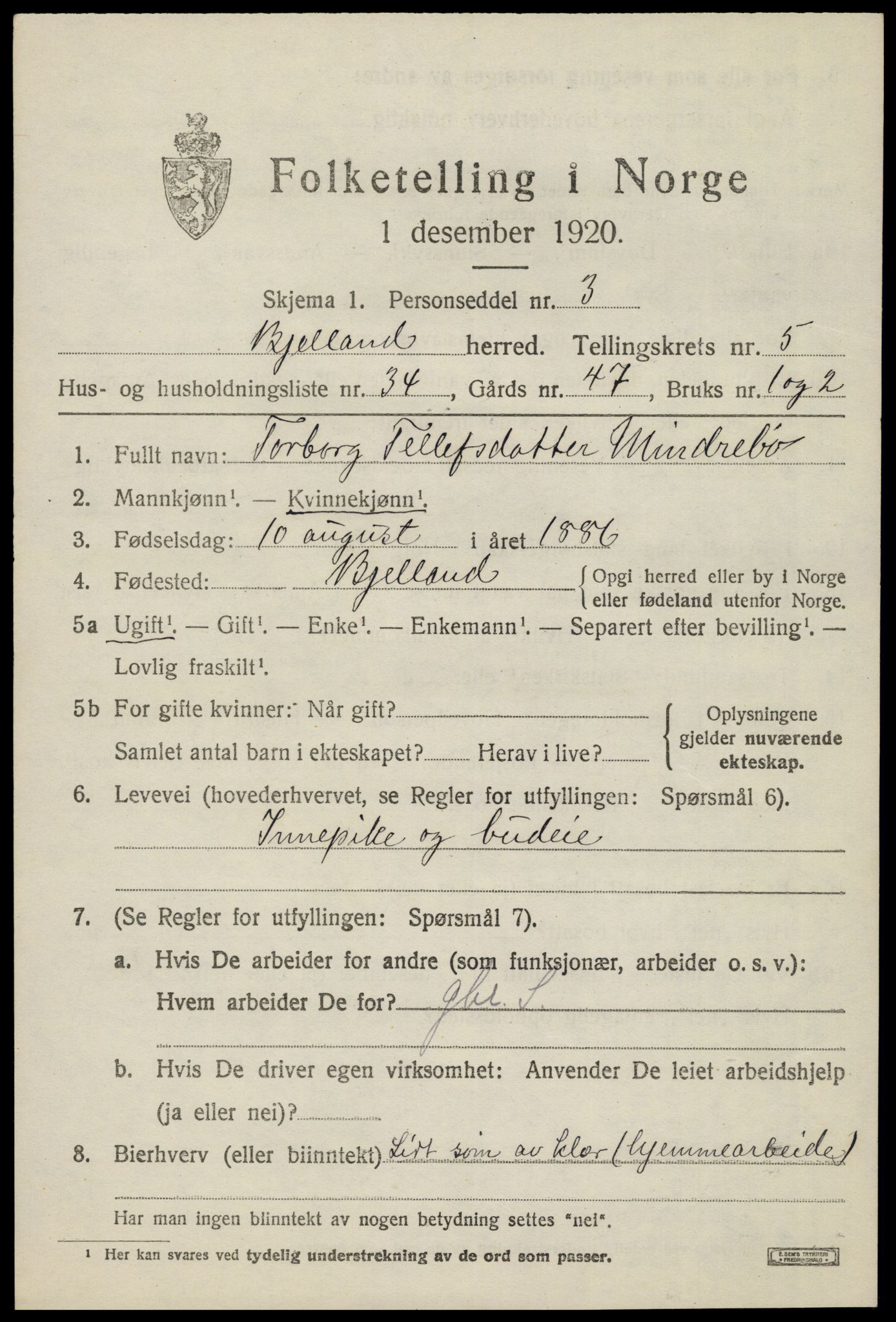 SAK, 1920 census for Bjelland, 1920, p. 1813