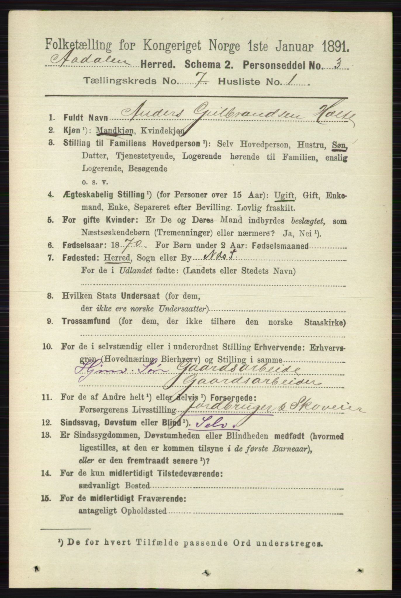 RA, 1891 census for 0614 Ådal, 1891, p. 3038