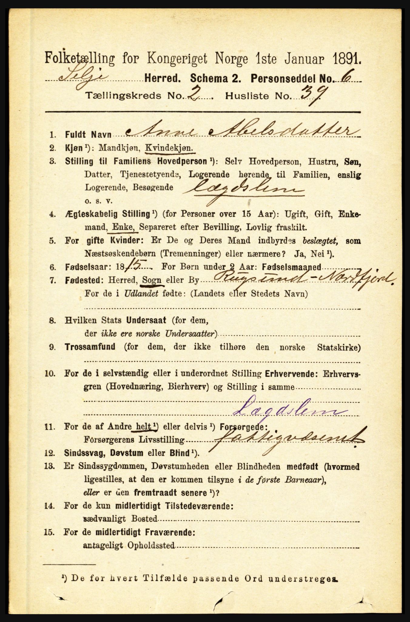 RA, 1891 census for 1441 Selje, 1891, p. 579