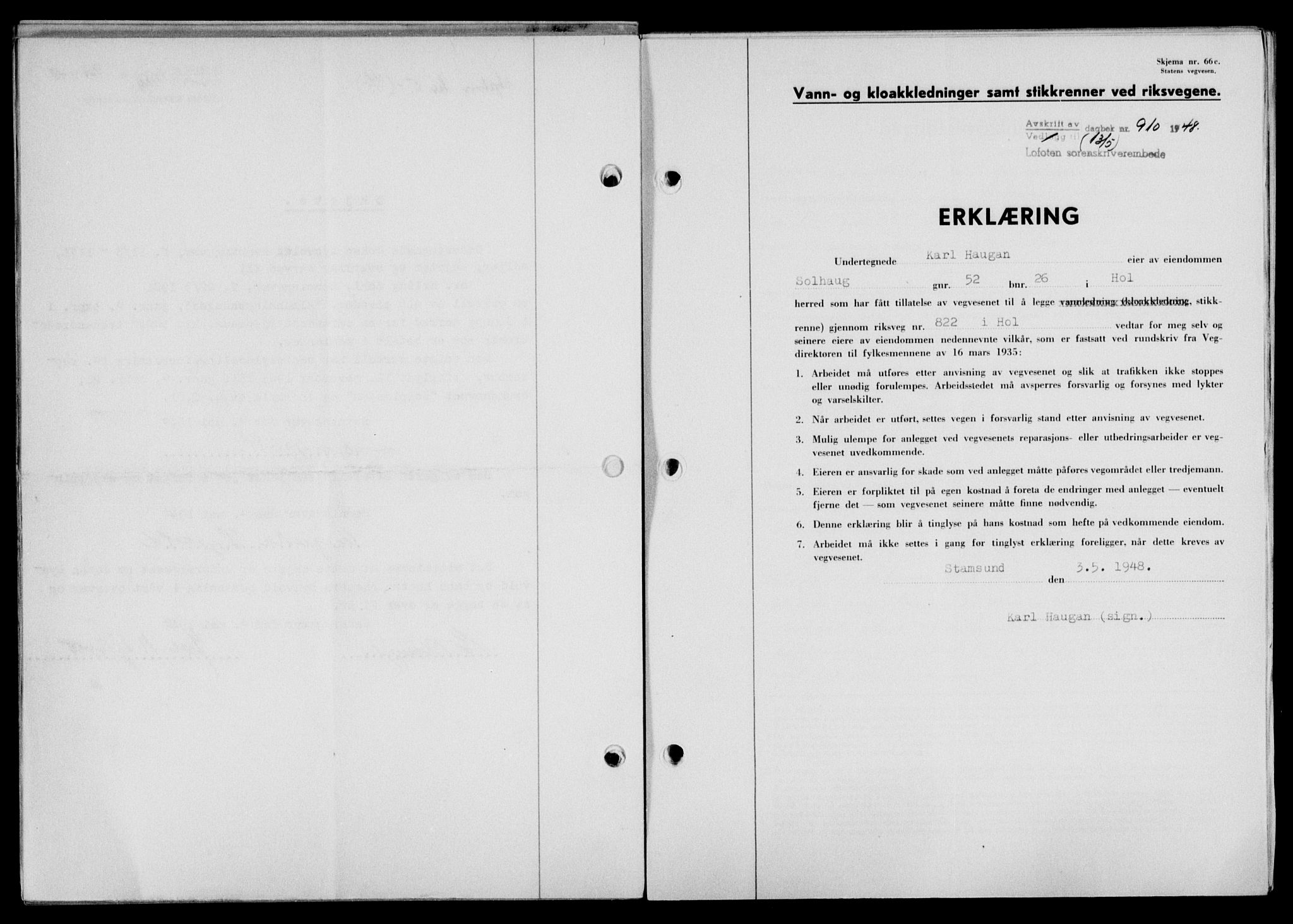 Lofoten sorenskriveri, SAT/A-0017/1/2/2C/L0018a: Mortgage book no. 18a, 1948-1948, Diary no: : 910/1948