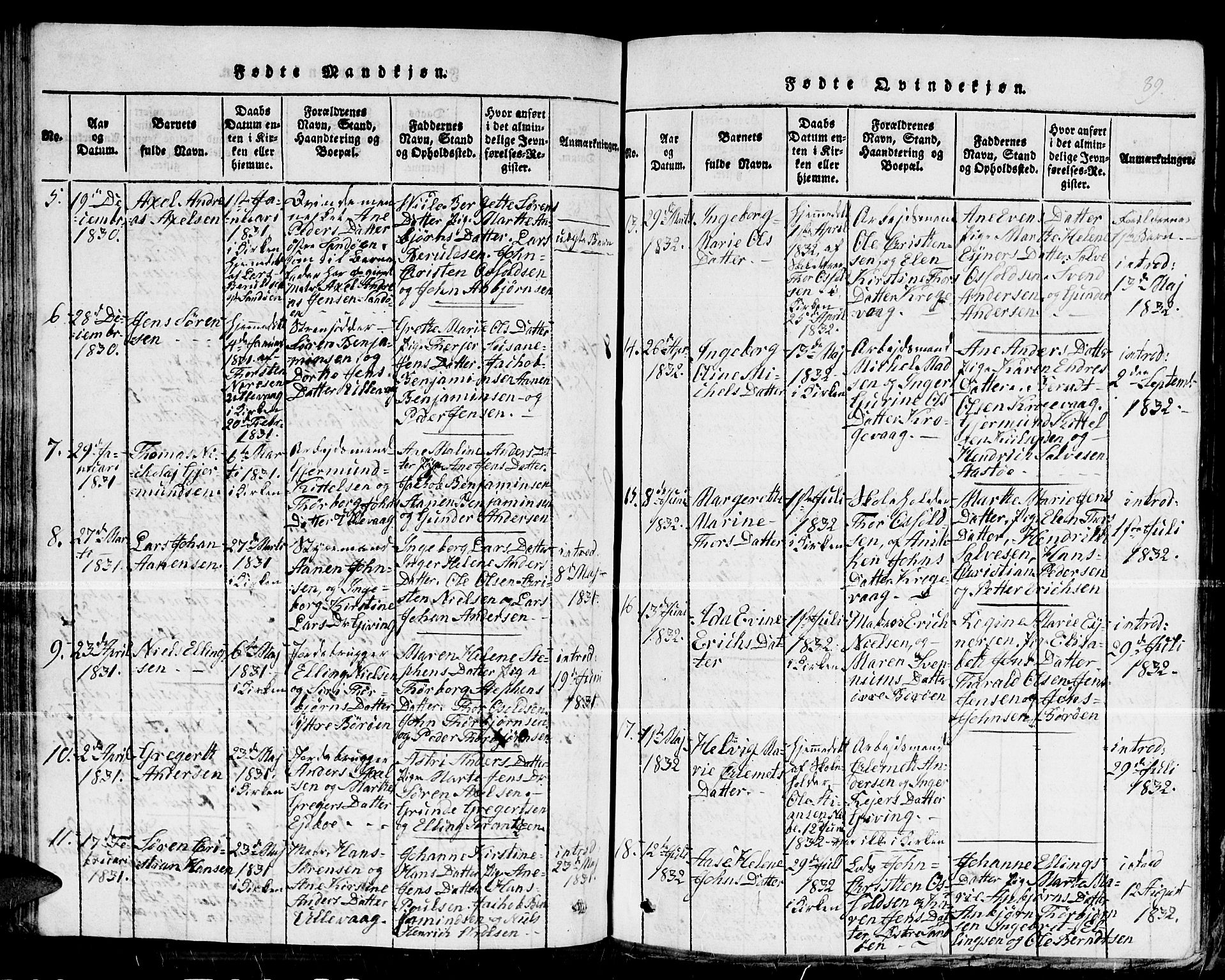 Dypvåg sokneprestkontor, SAK/1111-0007/F/Fb/Fba/L0009: Parish register (copy) no. B 9, 1816-1842, p. 89