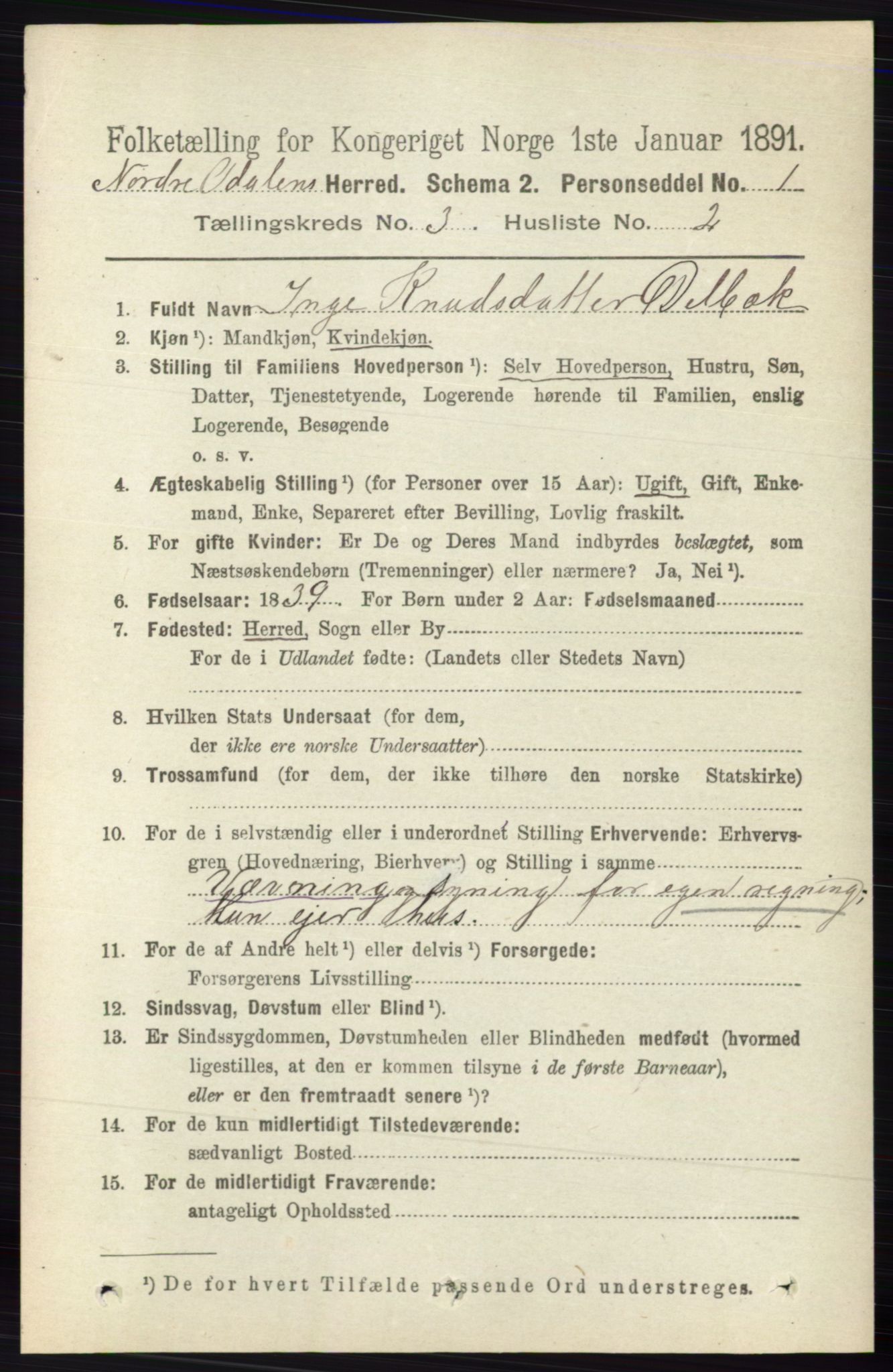 RA, 1891 census for 0418 Nord-Odal, 1891, p. 825